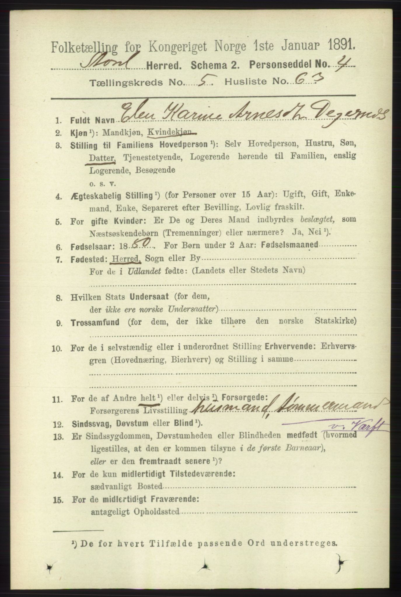 RA, 1891 census for 1221 Stord, 1891, p. 2013