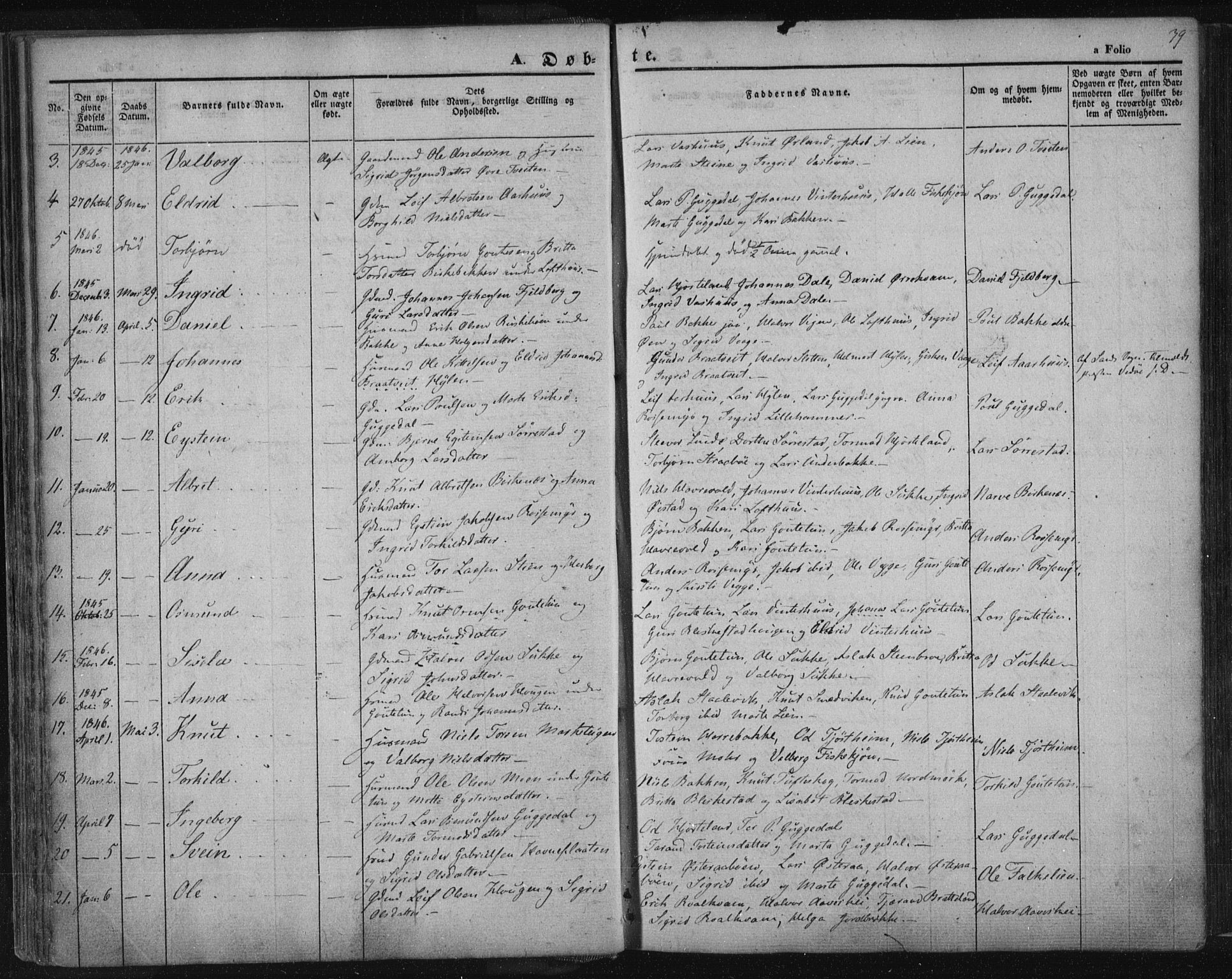 Suldal sokneprestkontor, AV/SAST-A-101845/01/IV/L0008: Parish register (official) no. A 8, 1836-1853, p. 39