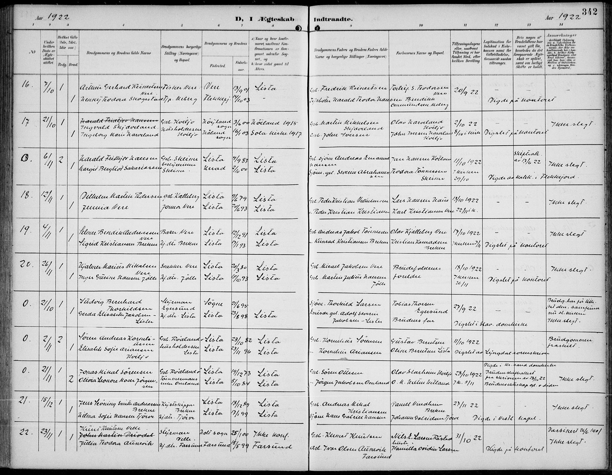 Lista sokneprestkontor, AV/SAK-1111-0027/F/Fb/L0005: Parish register (copy) no. B 5, 1892-1923, p. 342