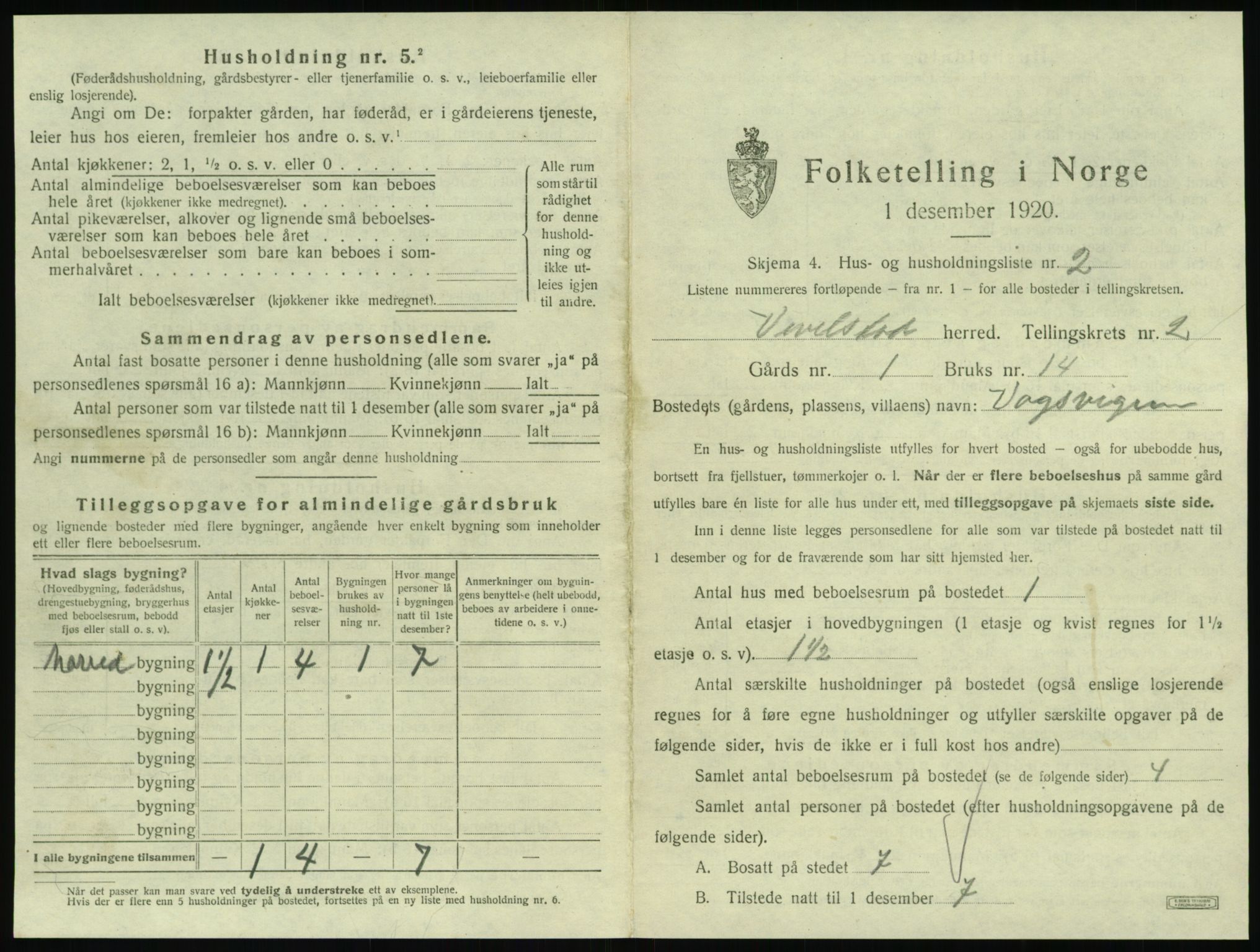 SAT, 1920 census for Vevelstad, 1920, p. 180