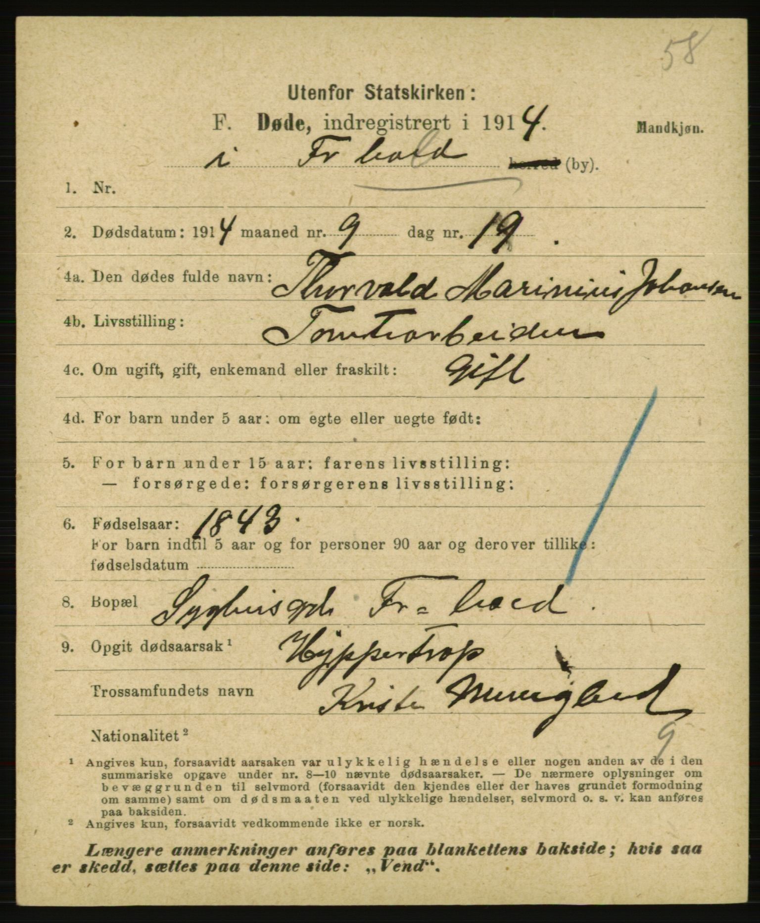 Statistisk sentralbyrå, Sosiodemografiske emner, Befolkning, AV/RA-S-2228/E/L0012: Fødte, gifte, døde dissentere., 1914, p. 2477