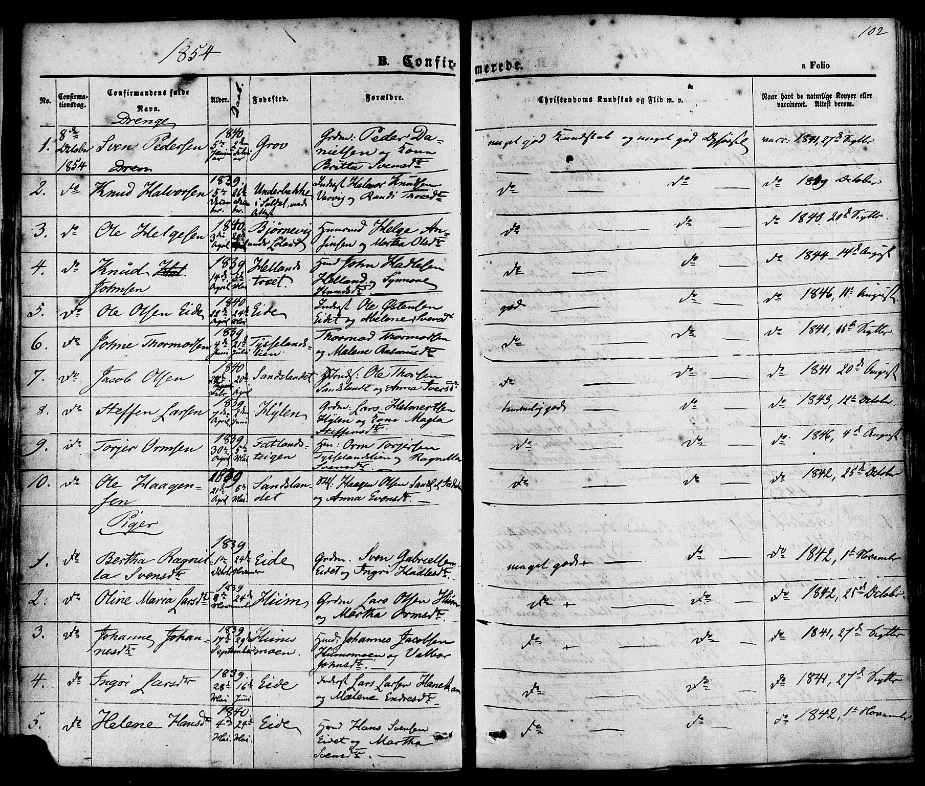 Sand sokneprestkontor, AV/SAST-A-101848/01/III/L0003: Parish register (official) no. A 3, 1854-1879, p. 102