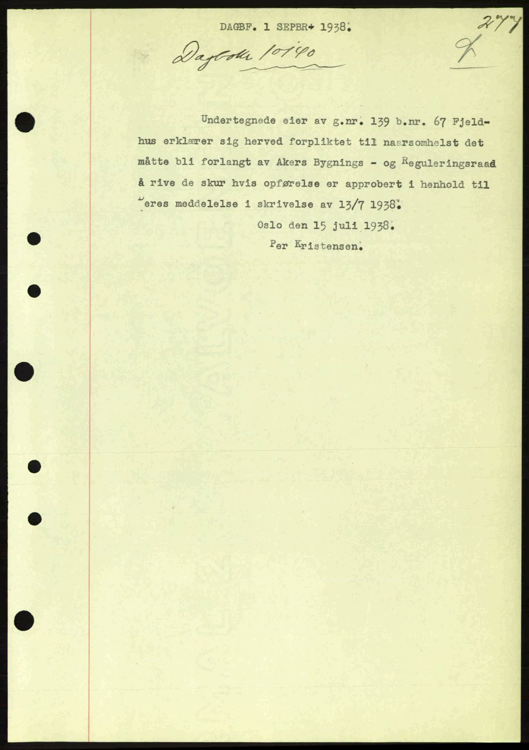 Aker herredsskriveri, SAO/A-10896/G/Gb/Gba/Gbab/L0025: Mortgage book no. A154-155, 1938-1938, Diary no: : 10140/1938