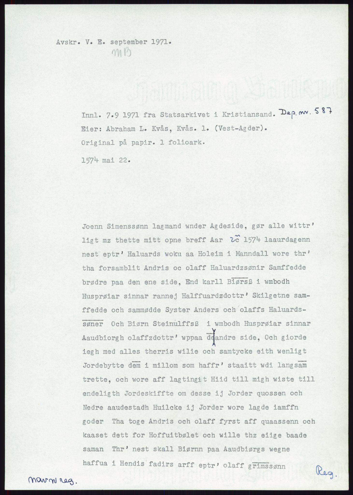 Samlinger til kildeutgivelse, Diplomavskriftsamlingen, AV/RA-EA-4053/H/Ha, p. 1877