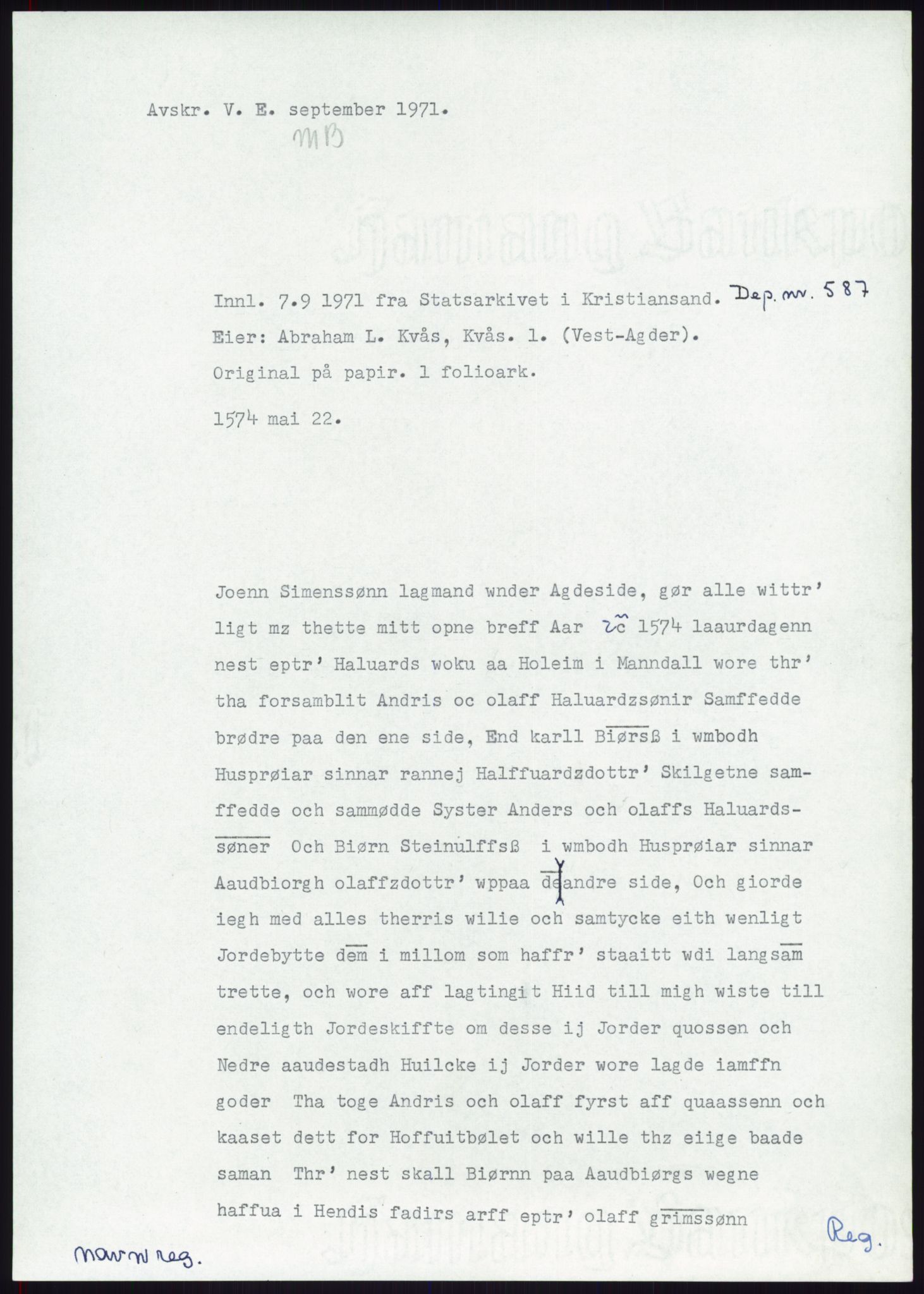 Samlinger til kildeutgivelse, Diplomavskriftsamlingen, RA/EA-4053/H/Ha, p. 1877