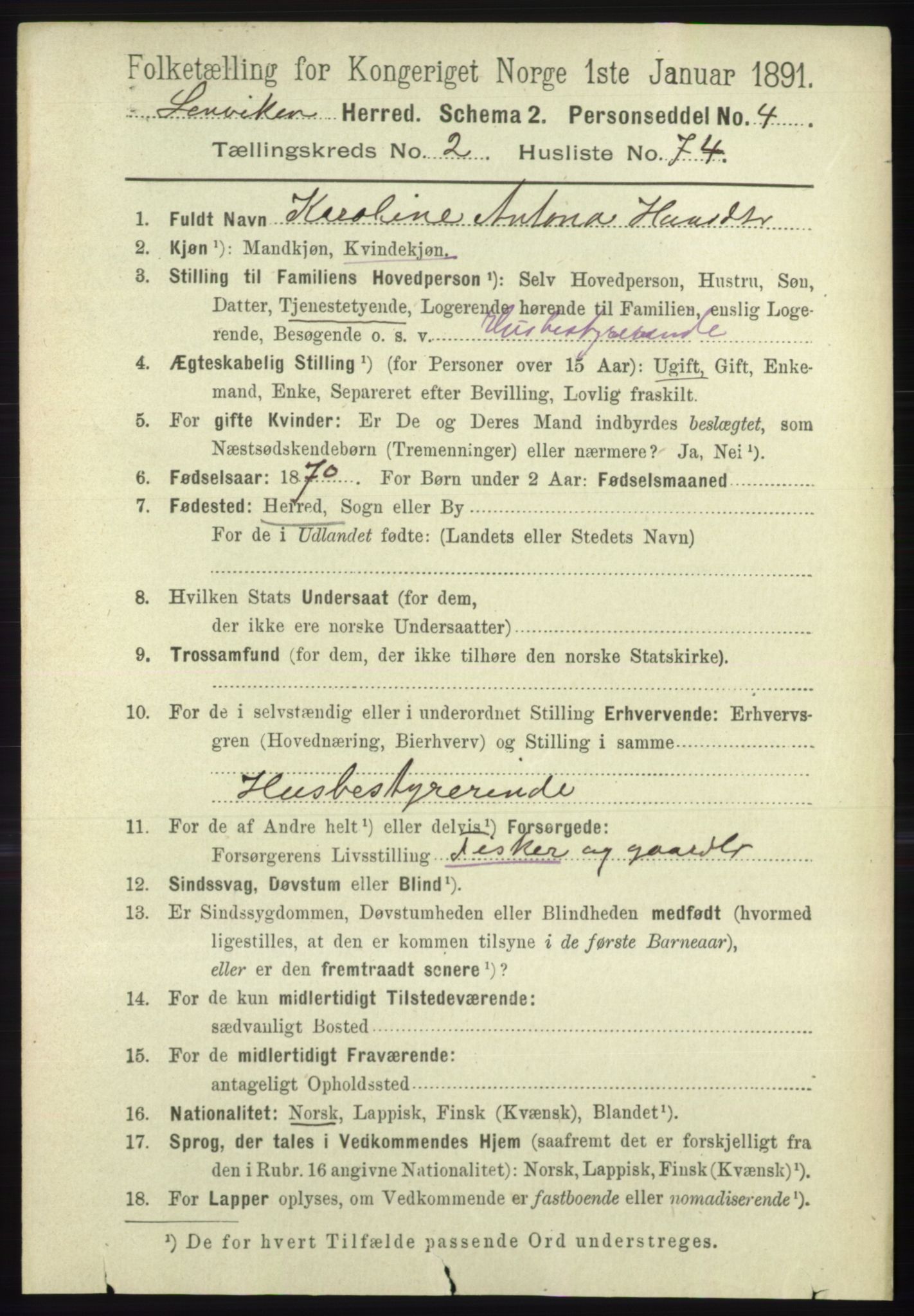 RA, 1891 census for 1931 Lenvik, 1891, p. 1277