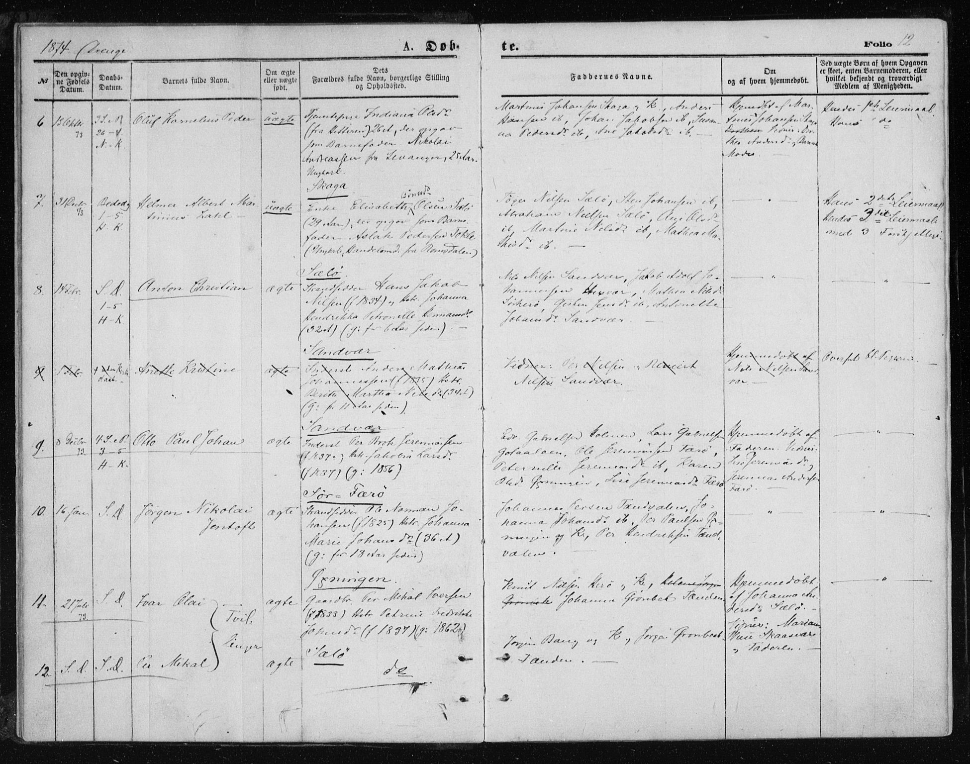 Ministerialprotokoller, klokkerbøker og fødselsregistre - Nordland, AV/SAT-A-1459/834/L0506: Parish register (official) no. 834A04, 1872-1878, p. 12