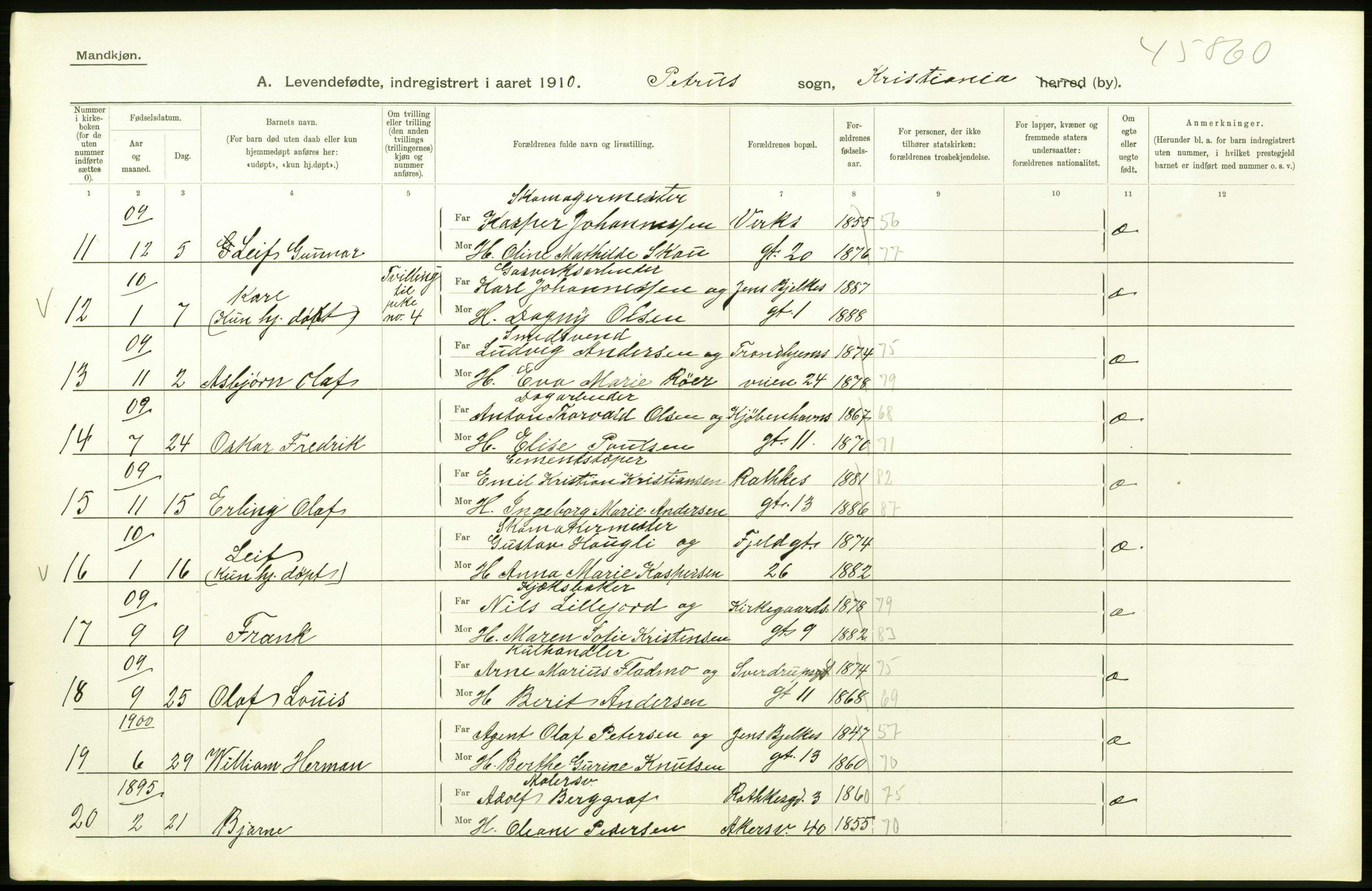 Statistisk sentralbyrå, Sosiodemografiske emner, Befolkning, AV/RA-S-2228/D/Df/Dfa/Dfah/L0006: Kristiania: Levendefødte menn., 1910, p. 418