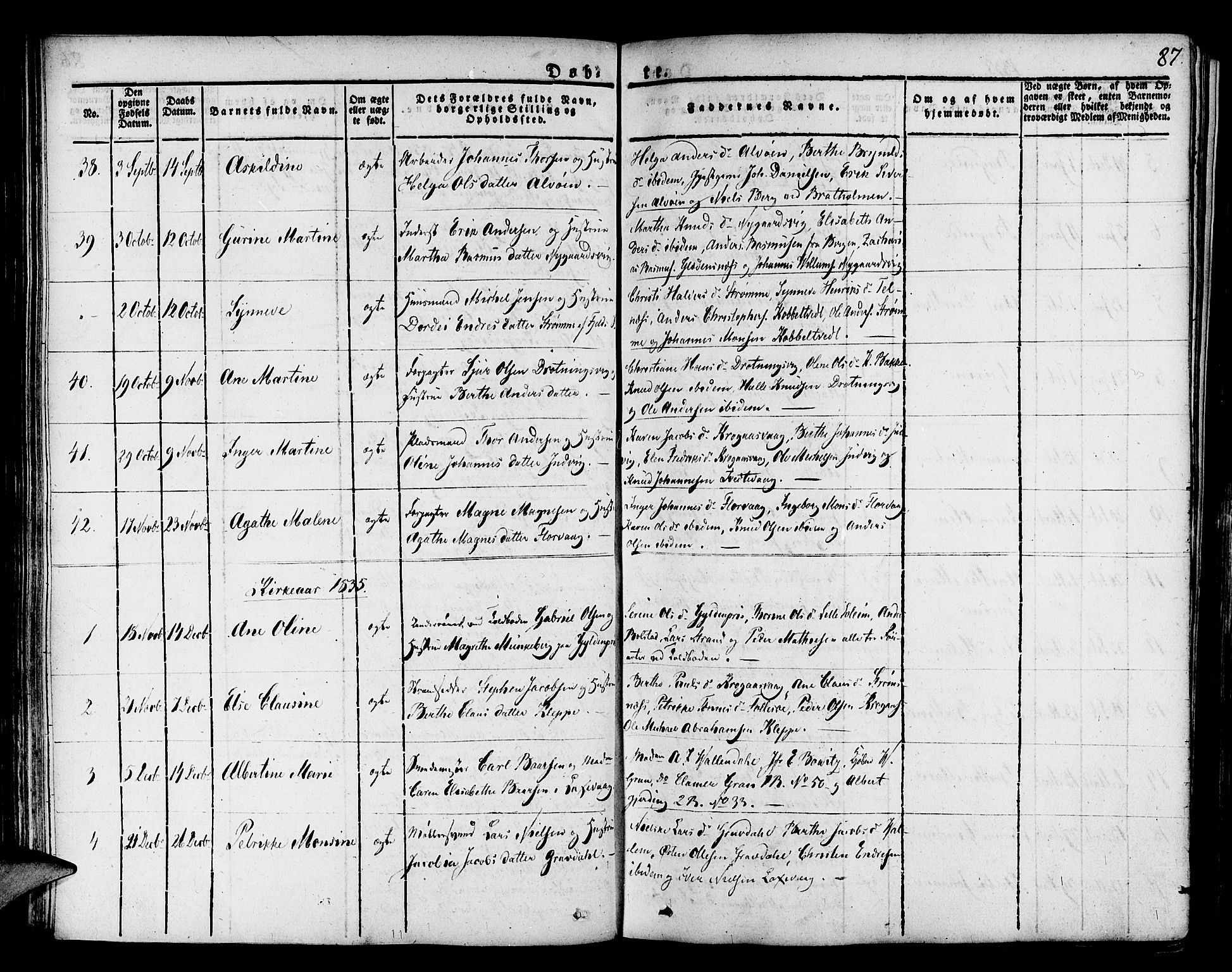 Askøy Sokneprestembete, AV/SAB-A-74101/H/Ha/Haa/Haaa/L0004: Parish register (official) no. A 4, 1825-1845, p. 87