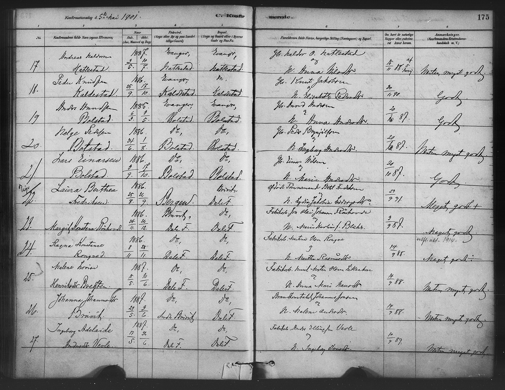 Bruvik Sokneprestembete, AV/SAB-A-74701/H/Haa: Parish register (official) no. B 1, 1878-1904, p. 175