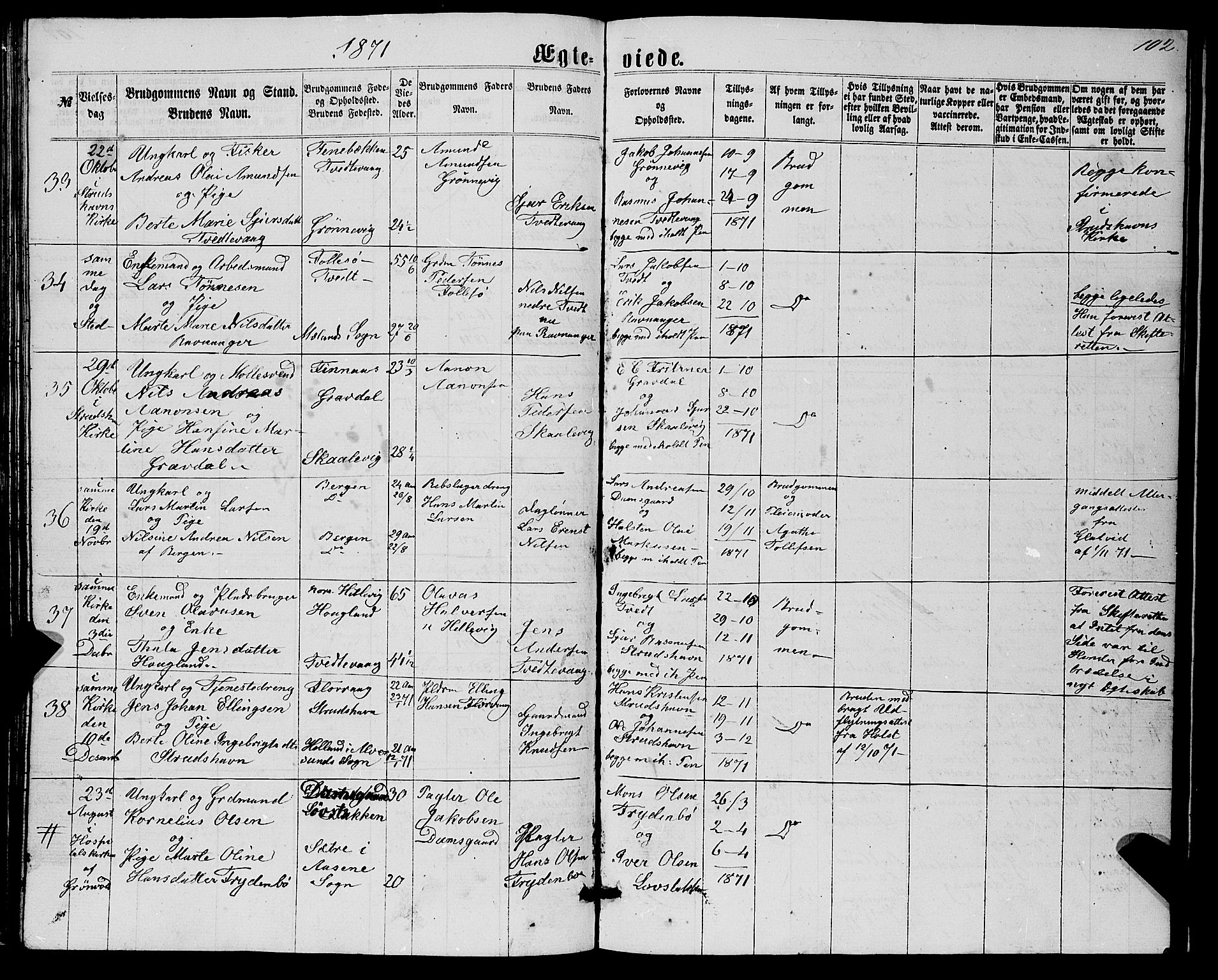 Askøy Sokneprestembete, AV/SAB-A-74101/H/Ha/Hab/Haba/L0006: Parish register (copy) no. A 6, 1861-1881, p. 102