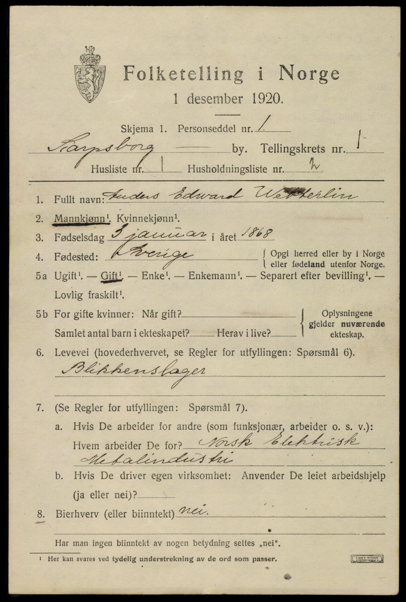 SAO, 1920 census for Sarpsborg, 1920, p. 7300