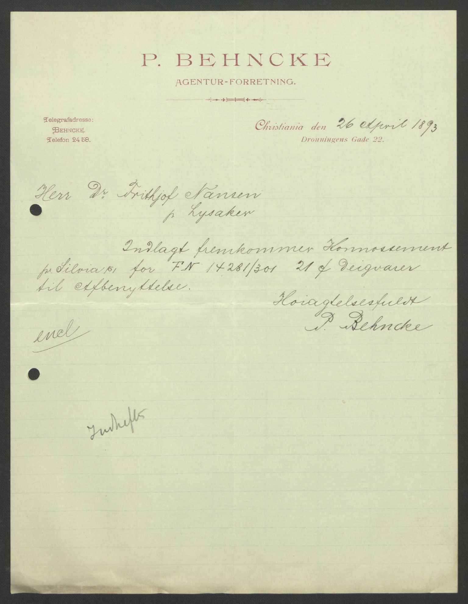 Arbeidskomitéen for Fridtjof Nansens polarekspedisjon, AV/RA-PA-0061/D/L0004: Innk. brev og telegrammer vedr. proviant og utrustning, 1892-1893, p. 622