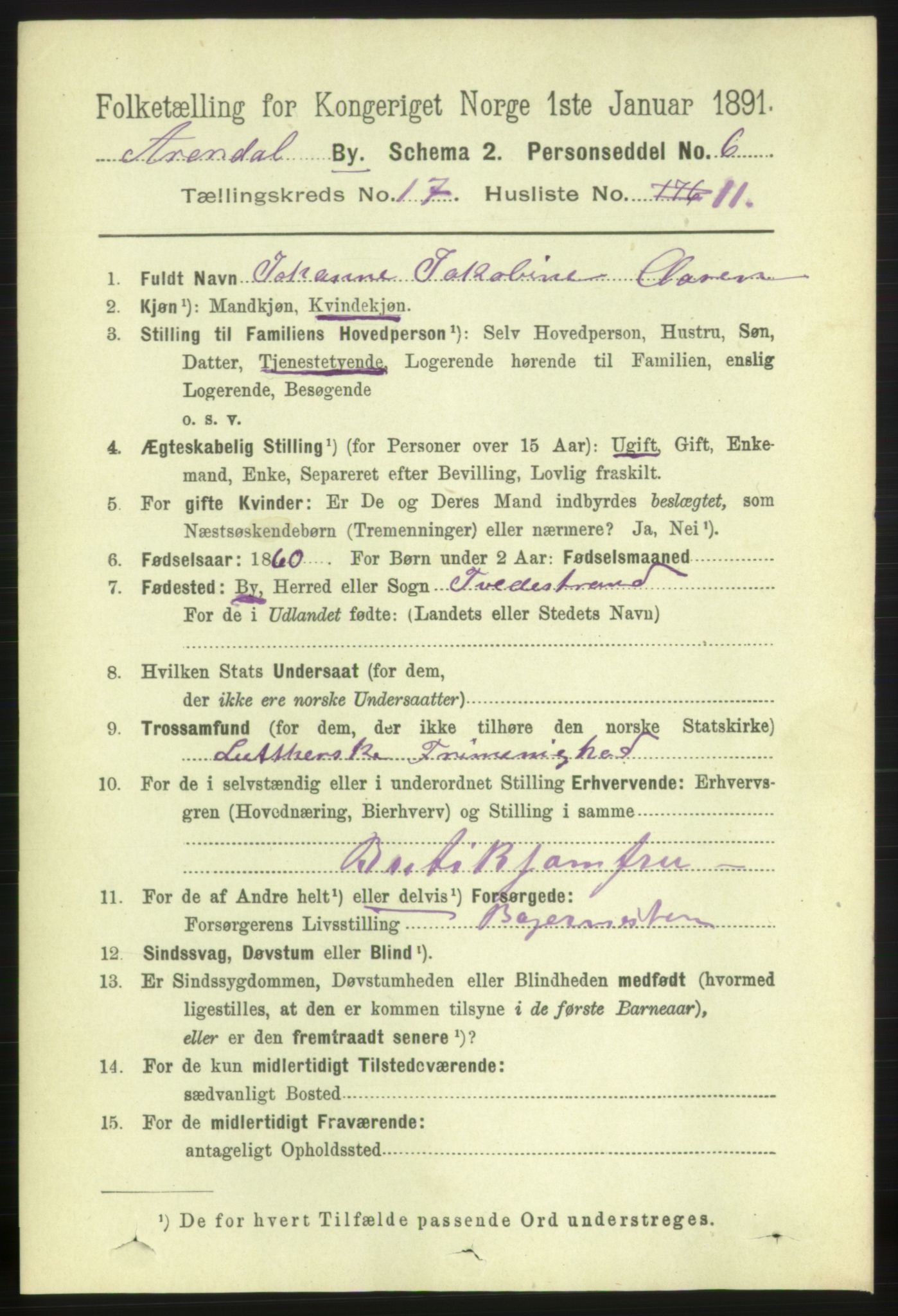 RA, 1891 census for 0903 Arendal, 1891, p. 5755