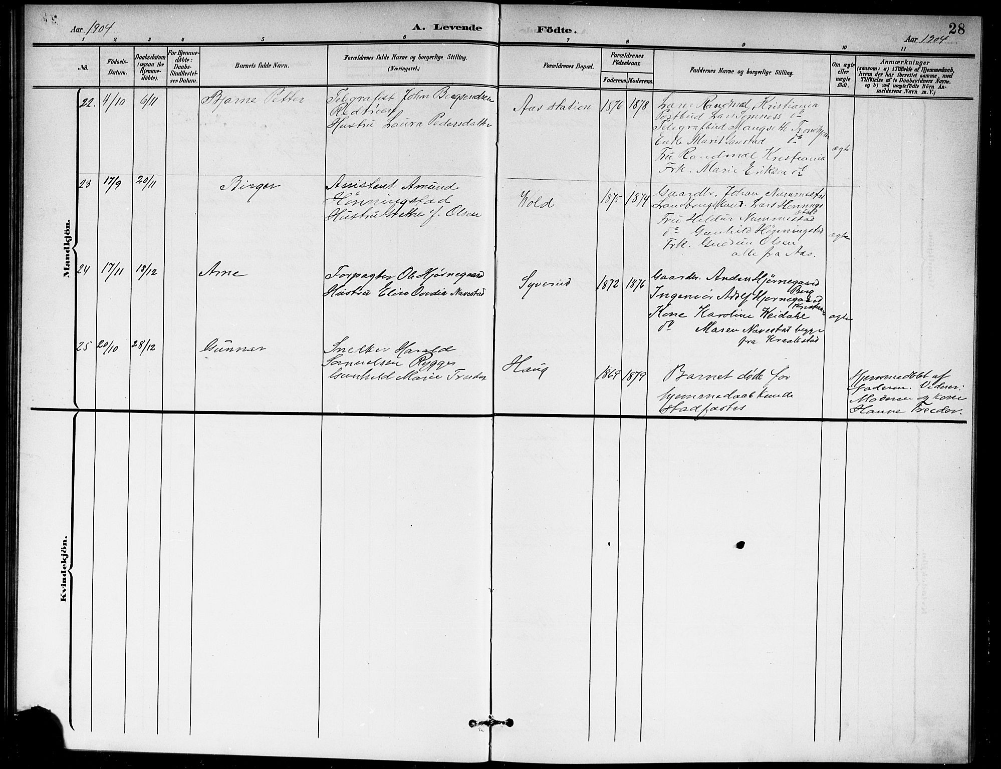 Ås prestekontor Kirkebøker, AV/SAO-A-10894/G/Ga/L0004: Parish register (copy) no. I 4, 1901-1915, p. 28