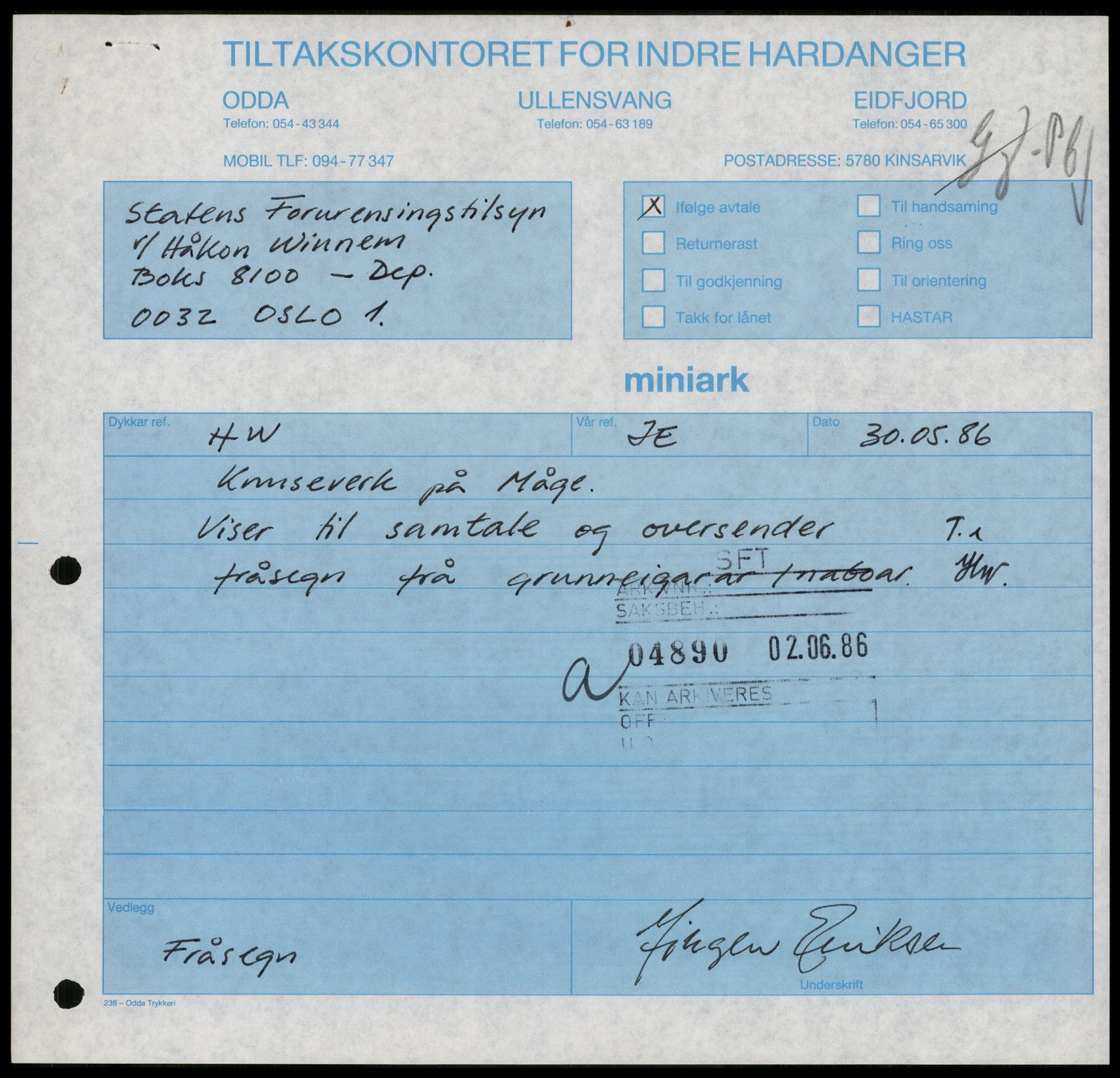 Statens forurensningstilsyn, hovedkontoret, AV/RA-S-4136/1/D/Da/L1368: Kommunalt avløpsvann, slam og avfall, vannforsyning, analyse, akvakultur og produktkontroll, 1983-1993, p. 58