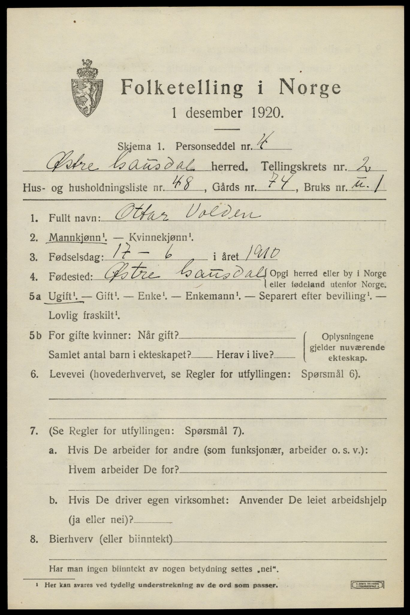 SAH, 1920 census for Østre Gausdal, 1920, p. 1896