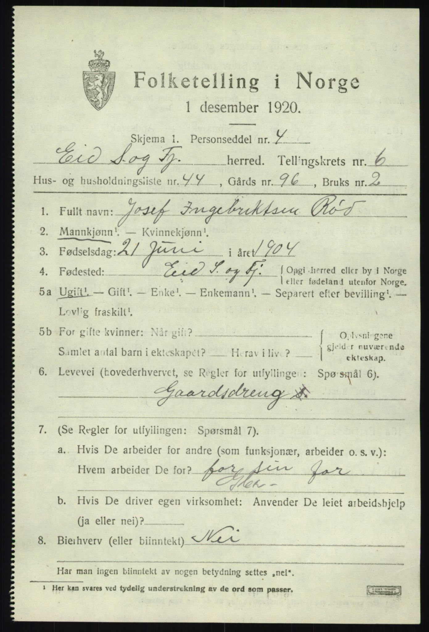 SAB, 1920 census for Eid, 1920, p. 3460