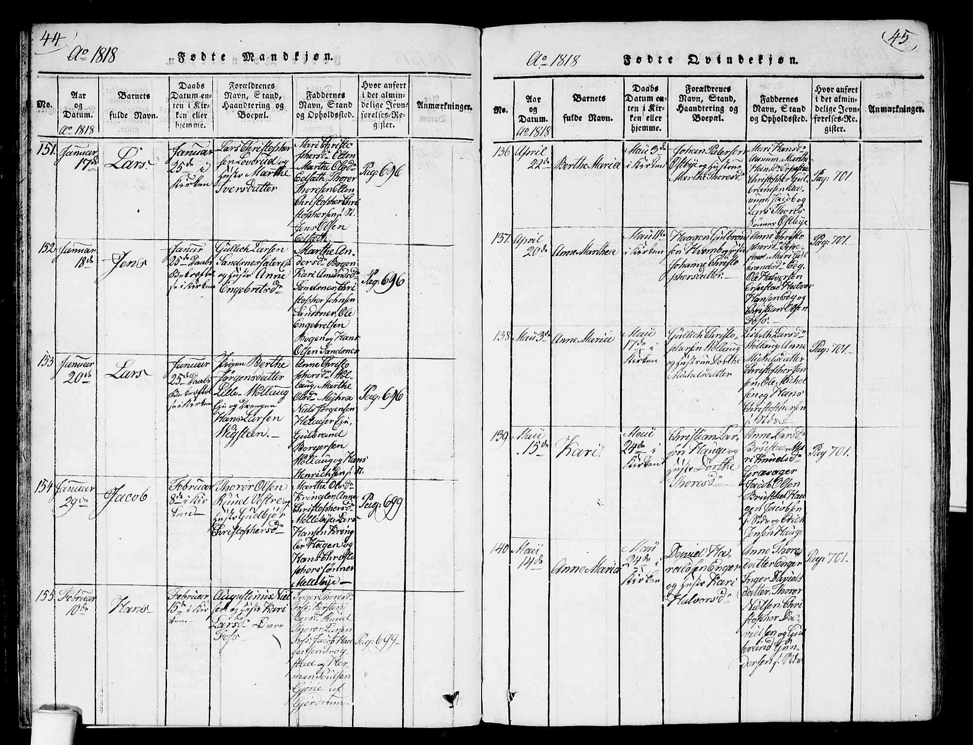 Nannestad prestekontor Kirkebøker, AV/SAO-A-10414a/G/Ga/L0001: Parish register (copy) no. I 1, 1815-1839, p. 44-45