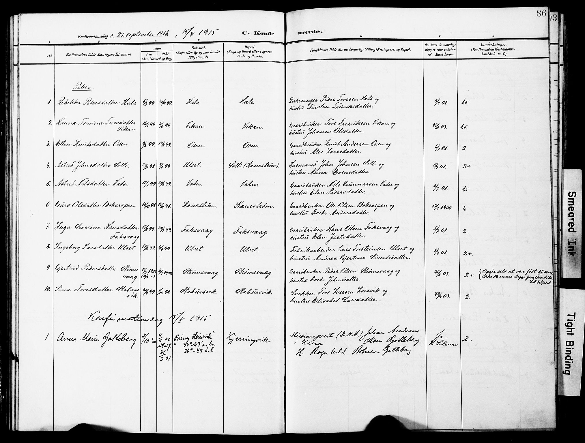 Ministerialprotokoller, klokkerbøker og fødselsregistre - Møre og Romsdal, AV/SAT-A-1454/587/L1001: Parish register (copy) no. 587C01, 1906-1927, p. 86