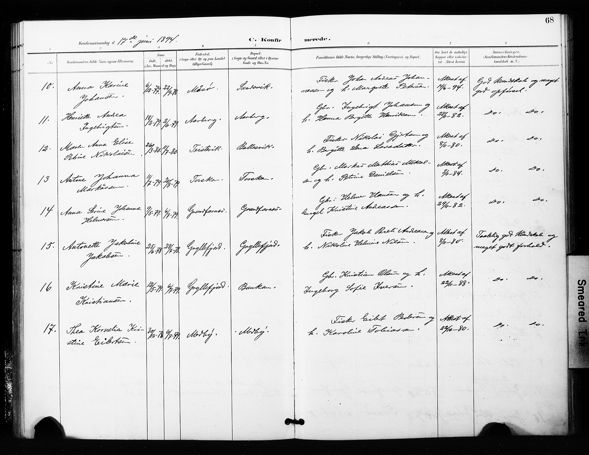 Berg sokneprestkontor, AV/SATØ-S-1318/G/Ga/Gaa/L0006kirke: Parish register (official) no. 6, 1894-1904, p. 68