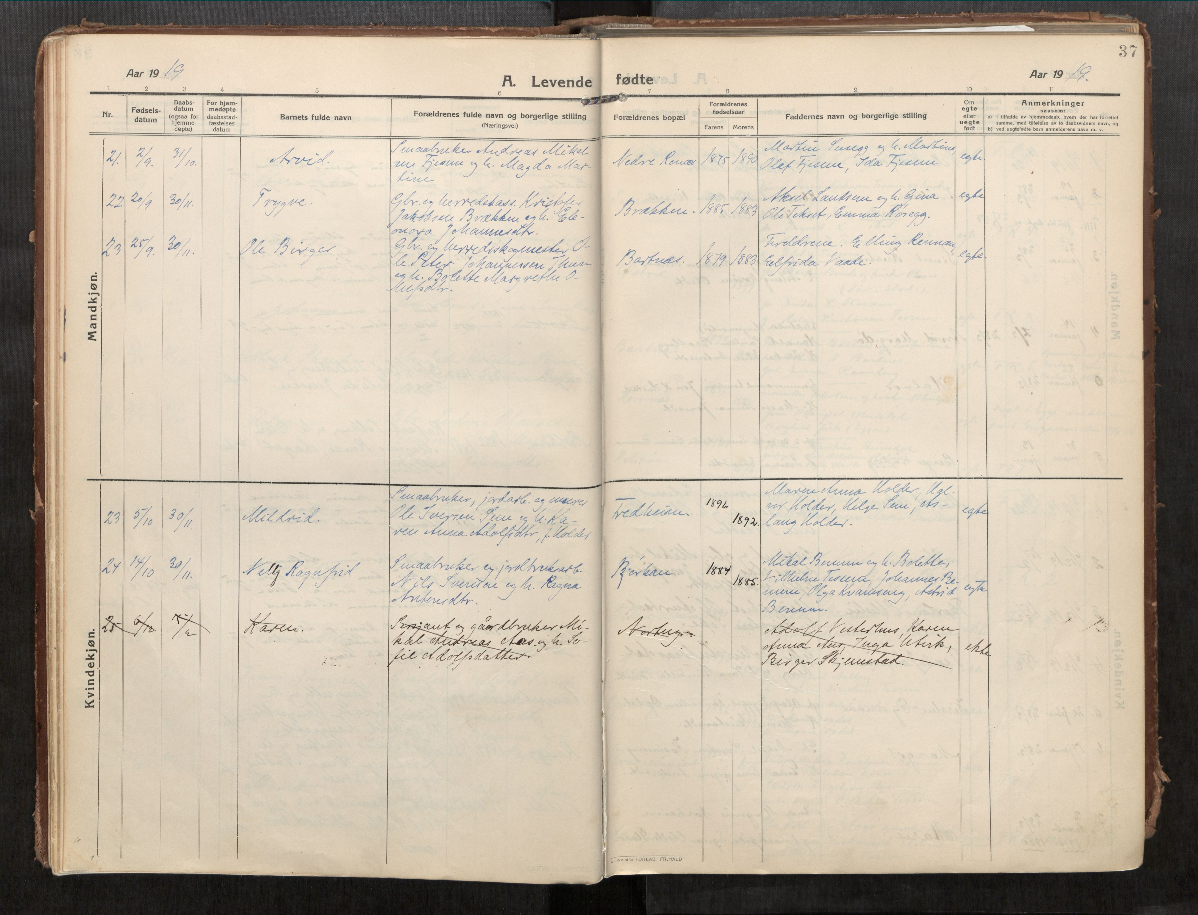 Beitstad sokneprestkontor, AV/SAT-A-1162/I/I1/I1a/L0001: Parish register (official) no. 1, 1912-1927, p. 37