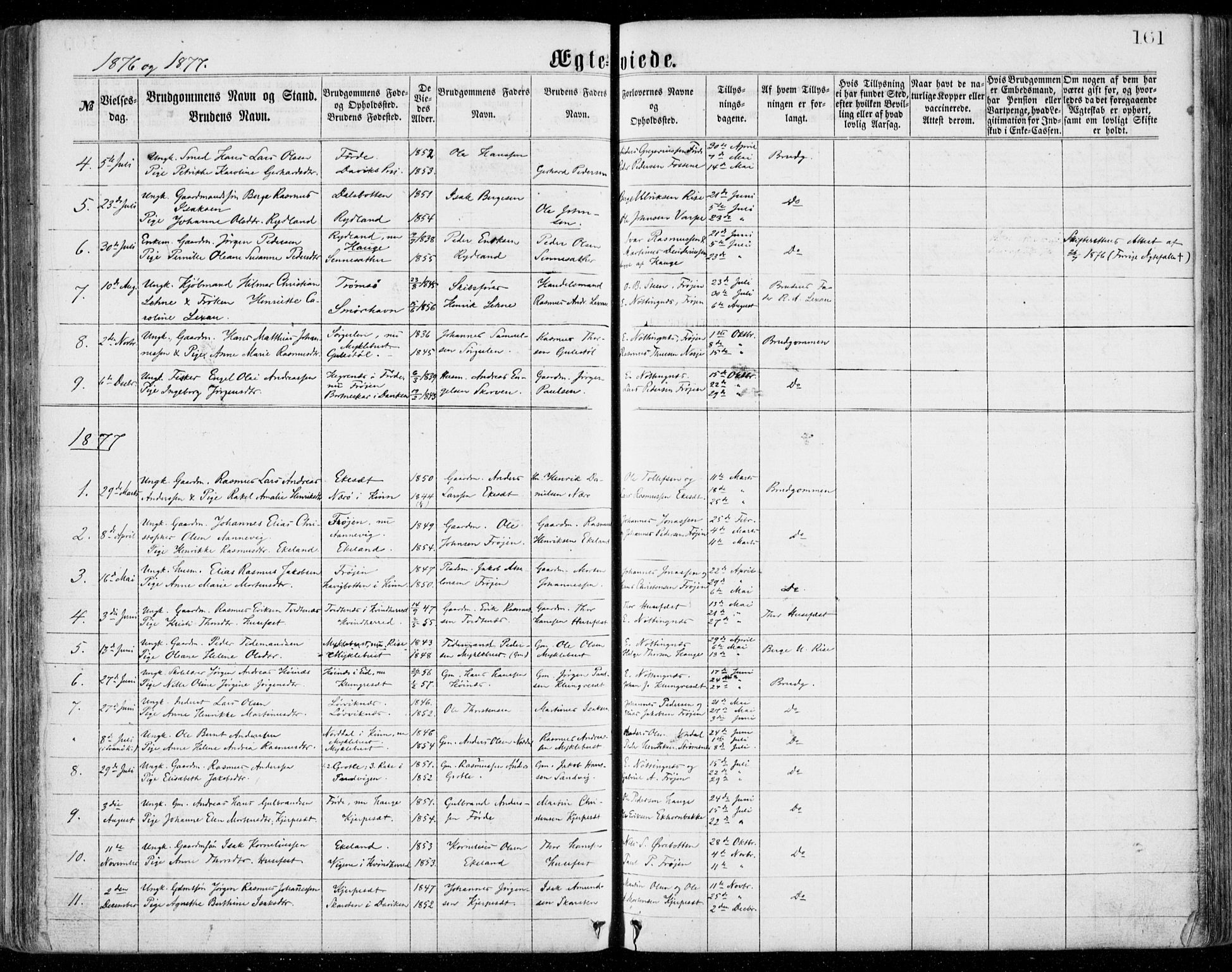 Bremanger sokneprestembete, SAB/A-82201/H/Haa/Haaa/L0001: Parish register (official) no. A  1, 1864-1883, p. 161