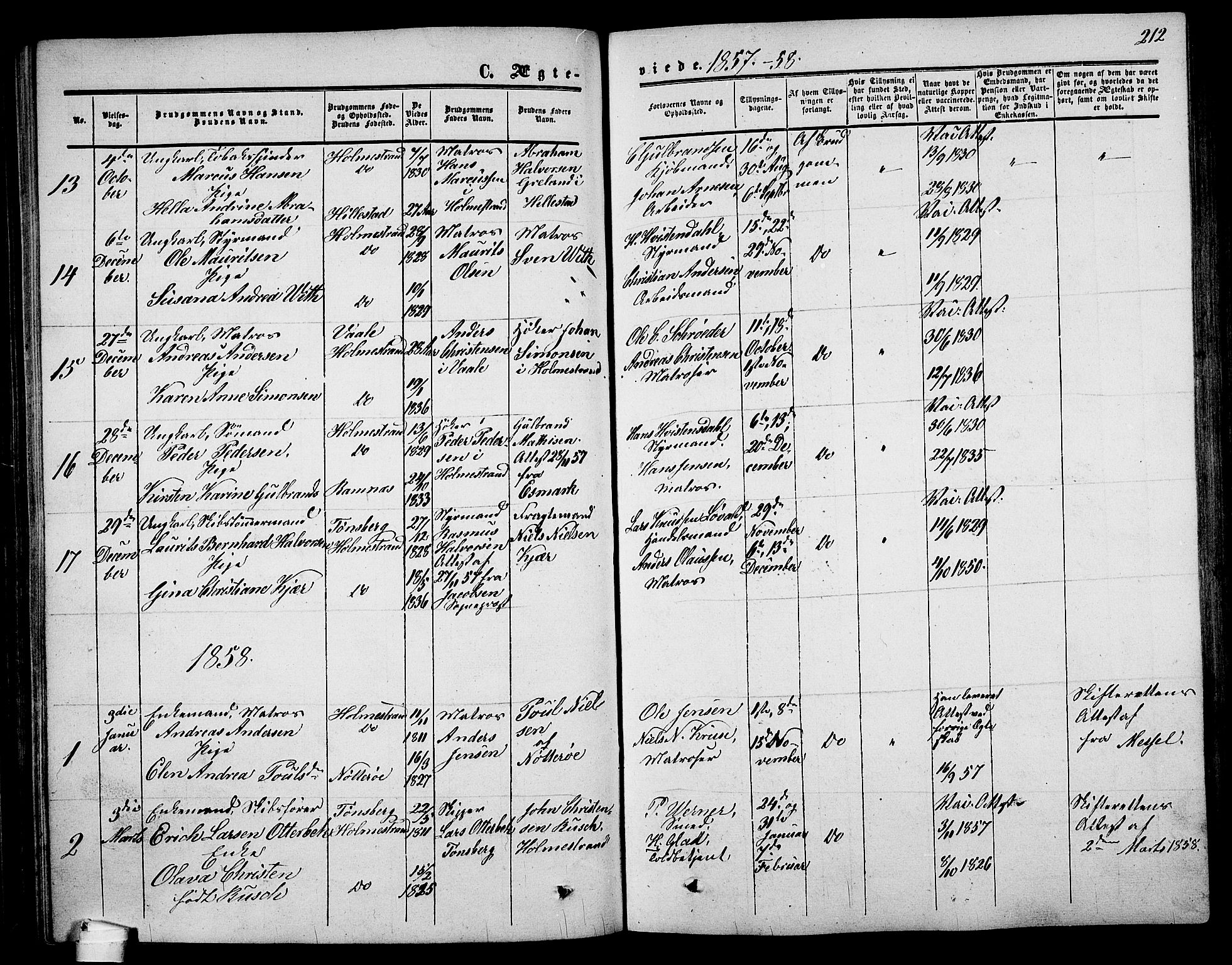 Holmestrand kirkebøker, AV/SAKO-A-346/G/Ga/L0003: Parish register (copy) no. 3, 1849-1874, p. 212