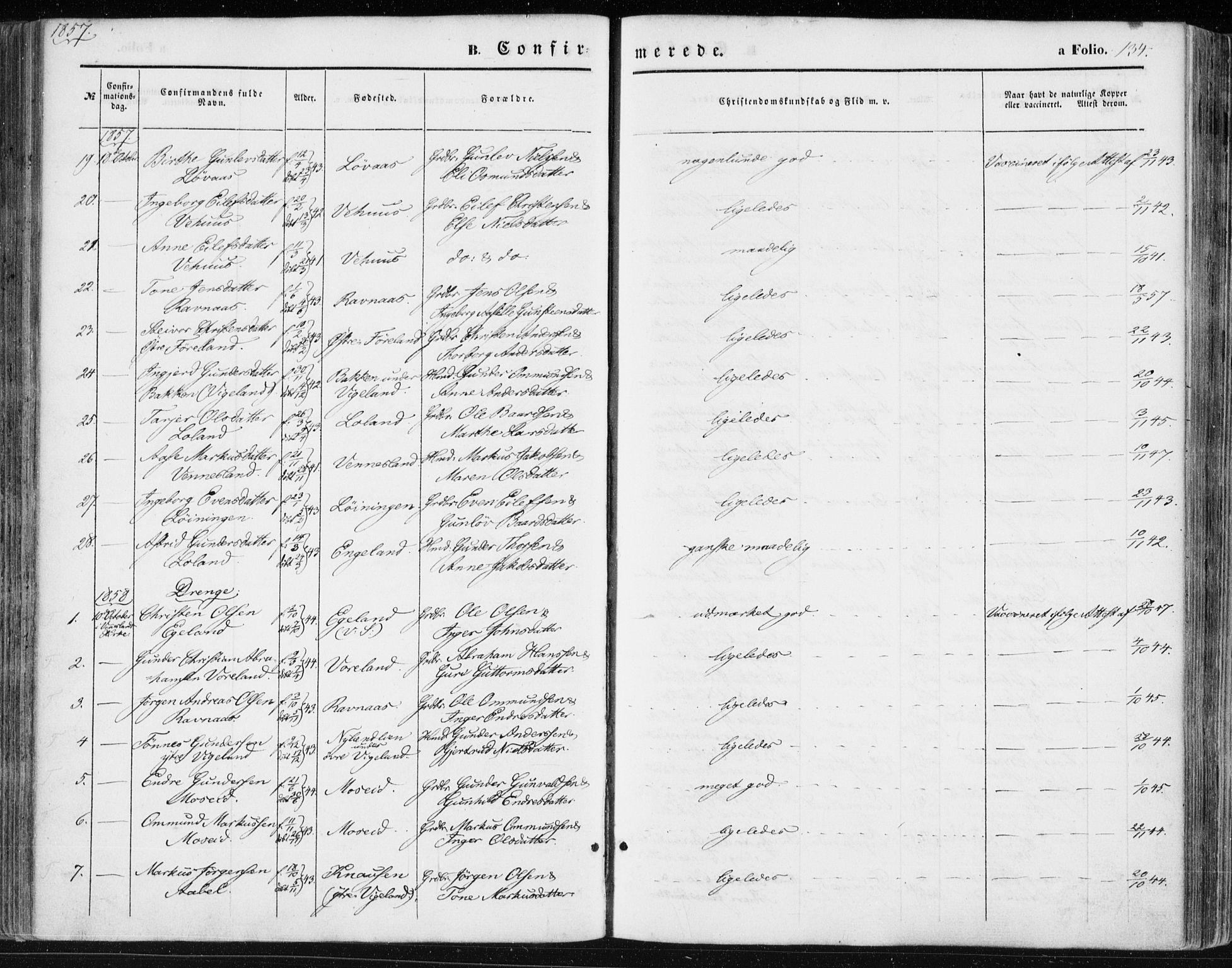 Vennesla sokneprestkontor, AV/SAK-1111-0045/Fa/Fac/L0007: Parish register (official) no. A 7, 1855-1873, p. 134