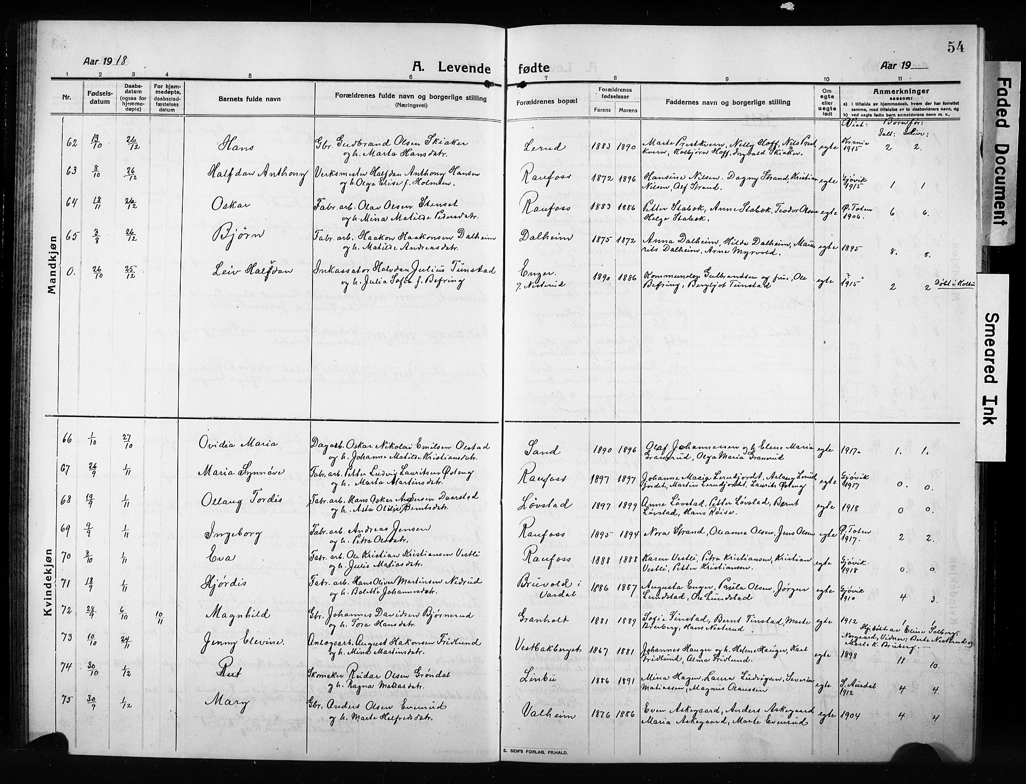 Vestre Toten prestekontor, SAH/PREST-108/H/Ha/Hab/L0012: Parish register (copy) no. 12, 1909-1928, p. 54