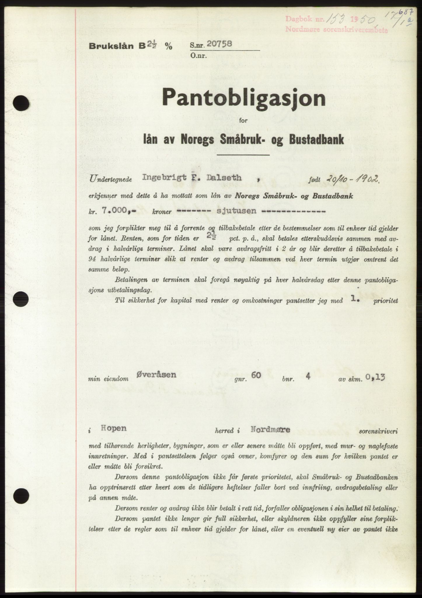 Nordmøre sorenskriveri, AV/SAT-A-4132/1/2/2Ca: Mortgage book no. B103, 1949-1950, Diary no: : 153/1950