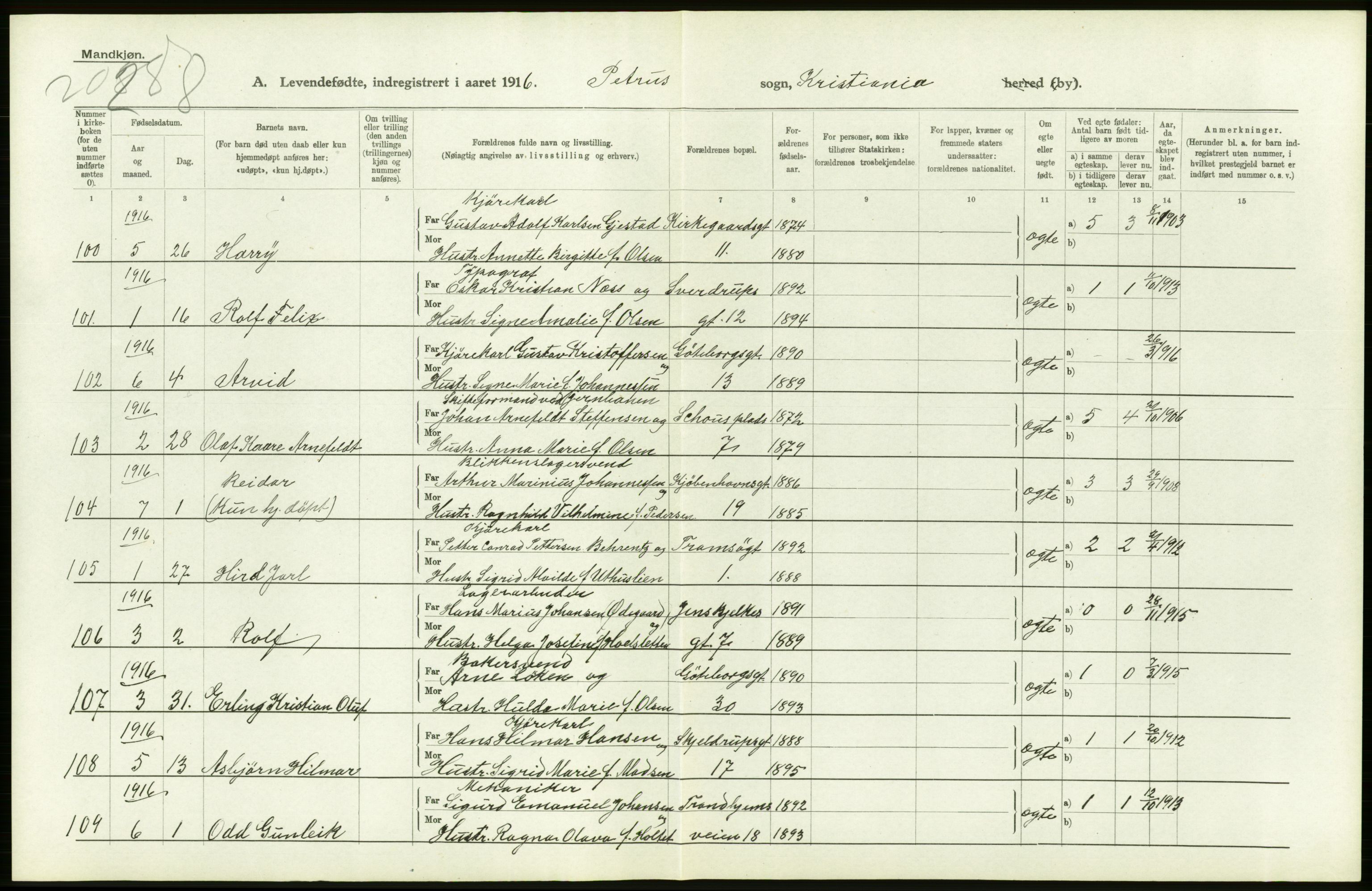 Statistisk sentralbyrå, Sosiodemografiske emner, Befolkning, AV/RA-S-2228/D/Df/Dfb/Dfbf/L0006: Kristiania: Levendefødte menn og kvinner., 1916, p. 570