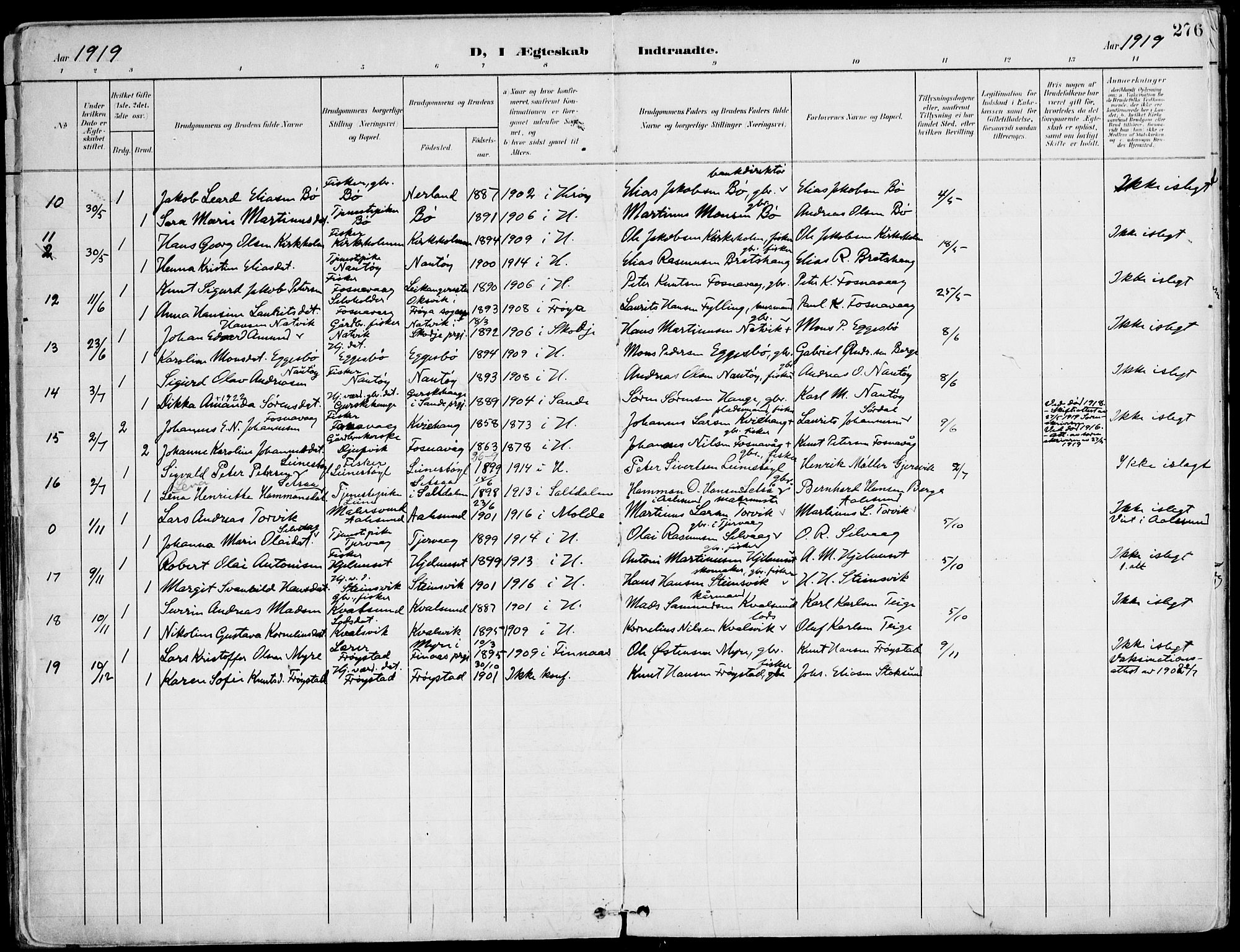 Ministerialprotokoller, klokkerbøker og fødselsregistre - Møre og Romsdal, AV/SAT-A-1454/507/L0075: Parish register (official) no. 507A10, 1901-1920, p. 276