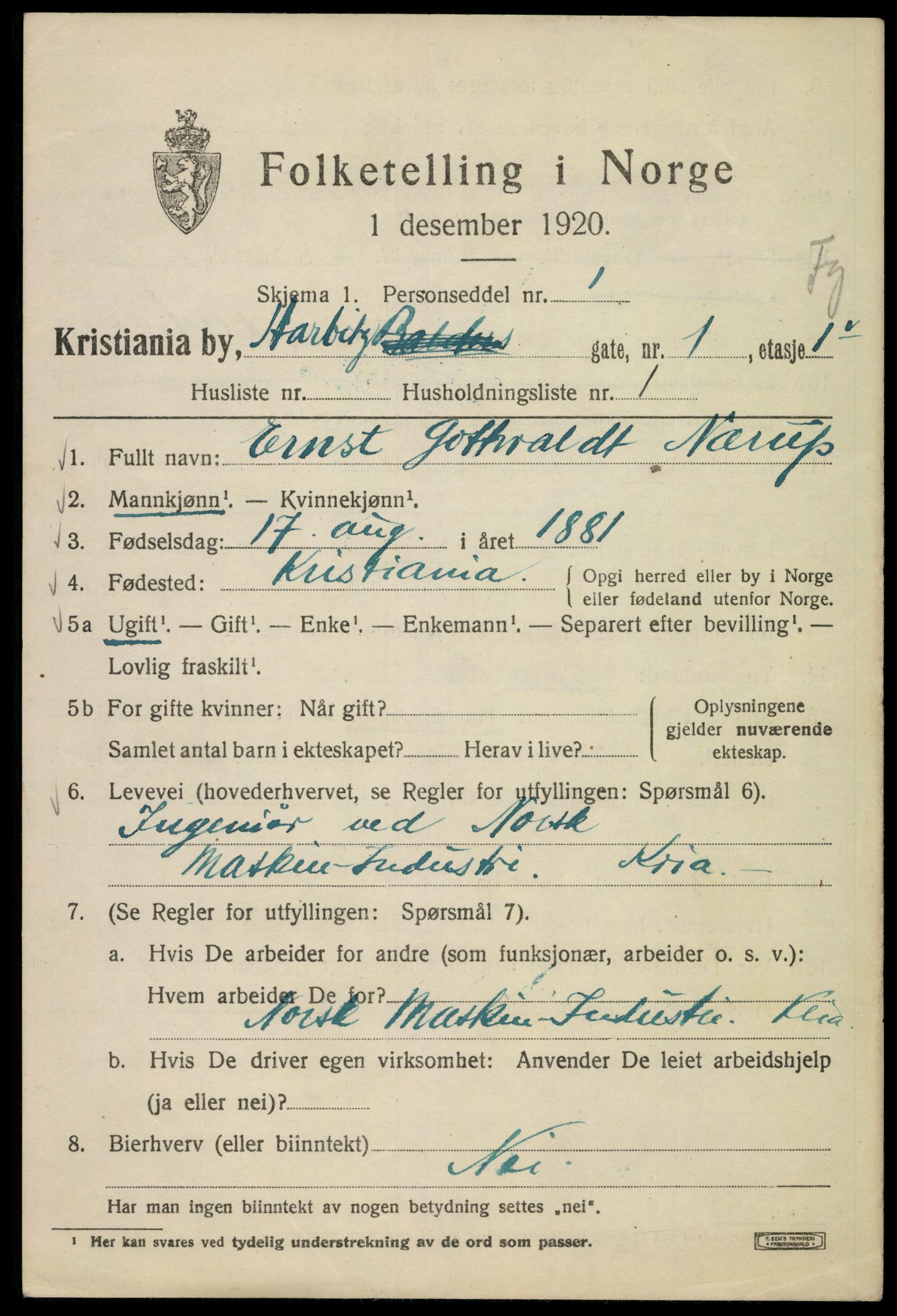 SAO, 1920 census for Kristiania, 1920, p. 271103