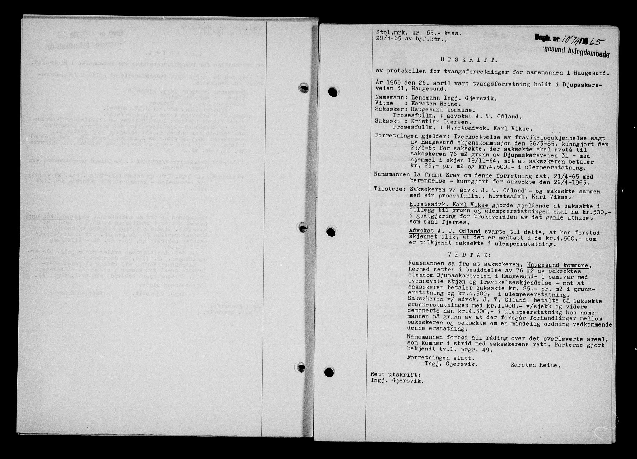 Haugesund tingrett, AV/SAST-A-101415/01/II/IIC/L0076: Mortgage book no. A 17, 1965-1966, Diary no: : 1074/1965