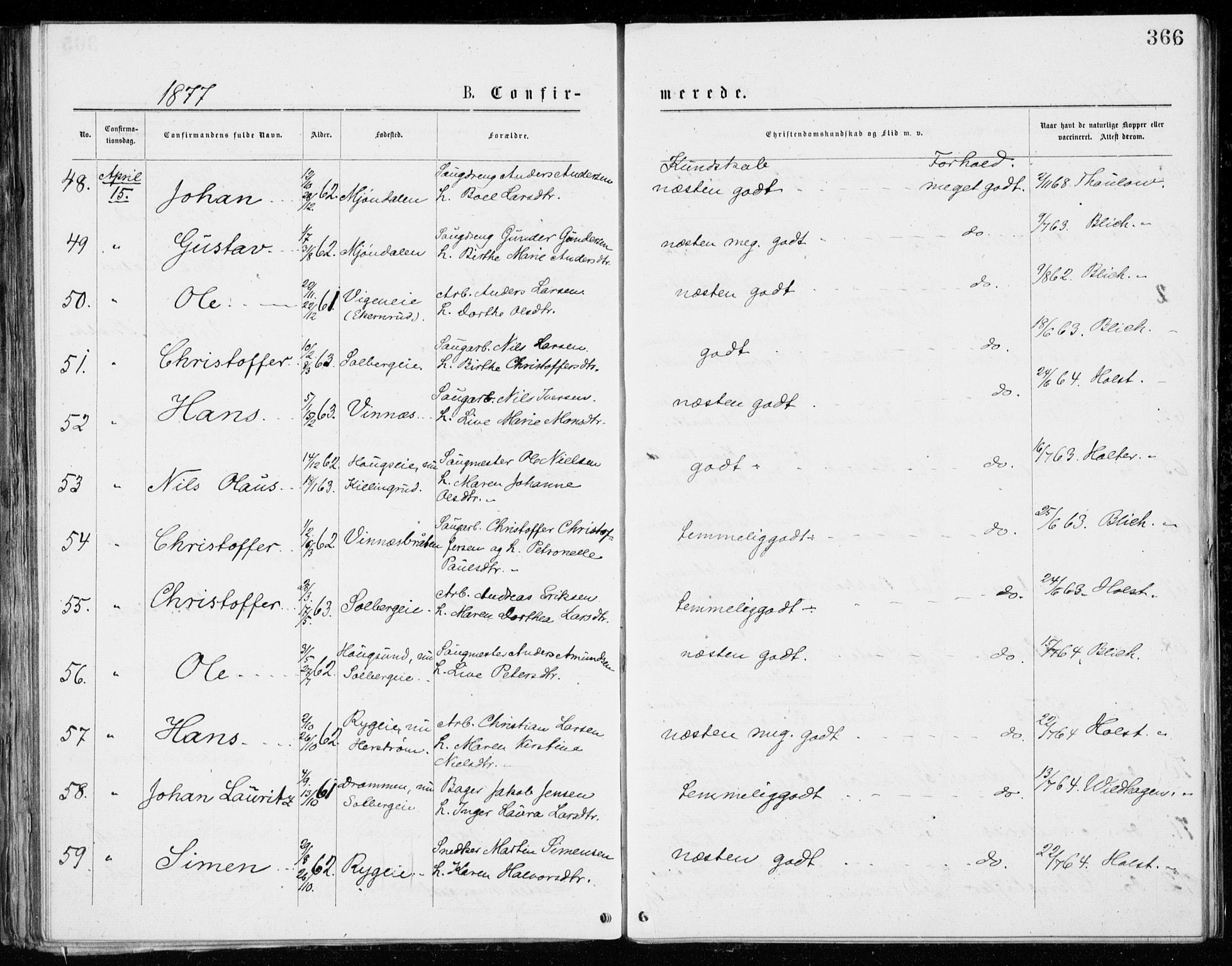 Eiker kirkebøker, AV/SAKO-A-4/G/Ga/L0004: Parish register (copy) no. I 4, 1877-1877, p. 366