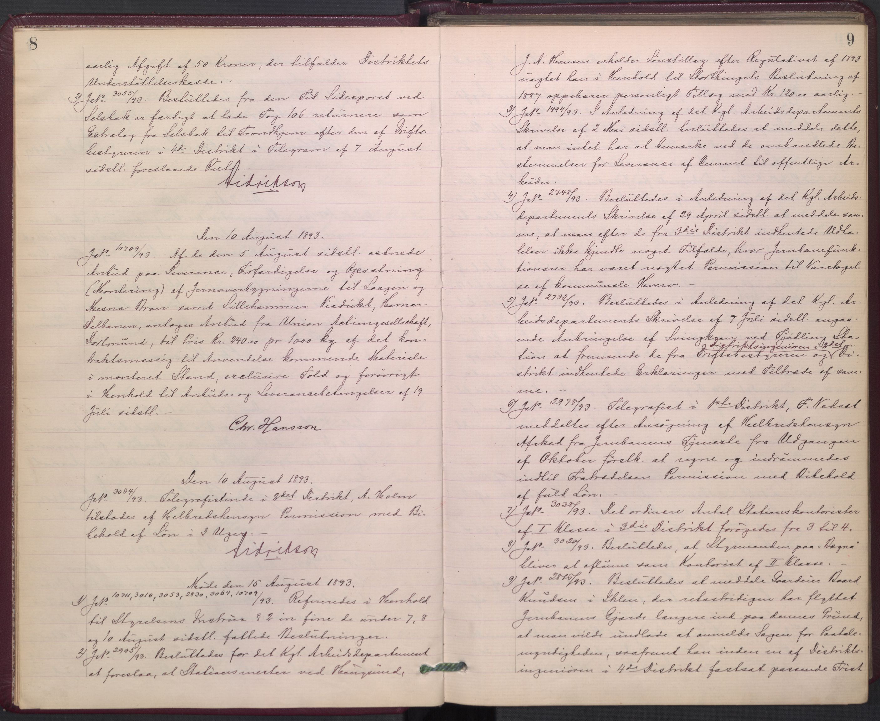 Norges statsbaner, Administrasjons- økonomi- og personalavdelingen, AV/RA-S-3412/A/Aa/L0002a: Forhandlingsprotokoll, 1893-1895, p. 8-9