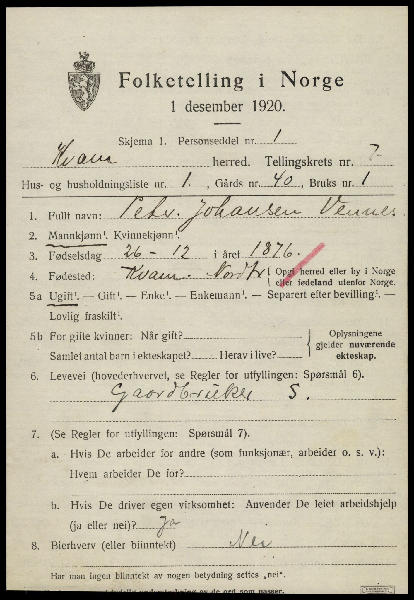 SAT, 1920 census for Kvam, 1920, p. 1801