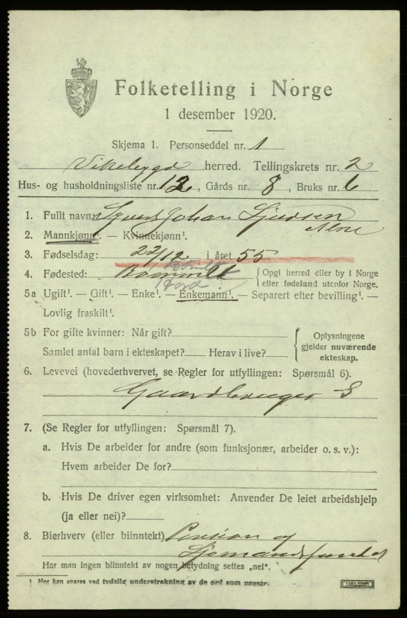 SAB, 1920 census for Vikebygd, 1920, p. 945