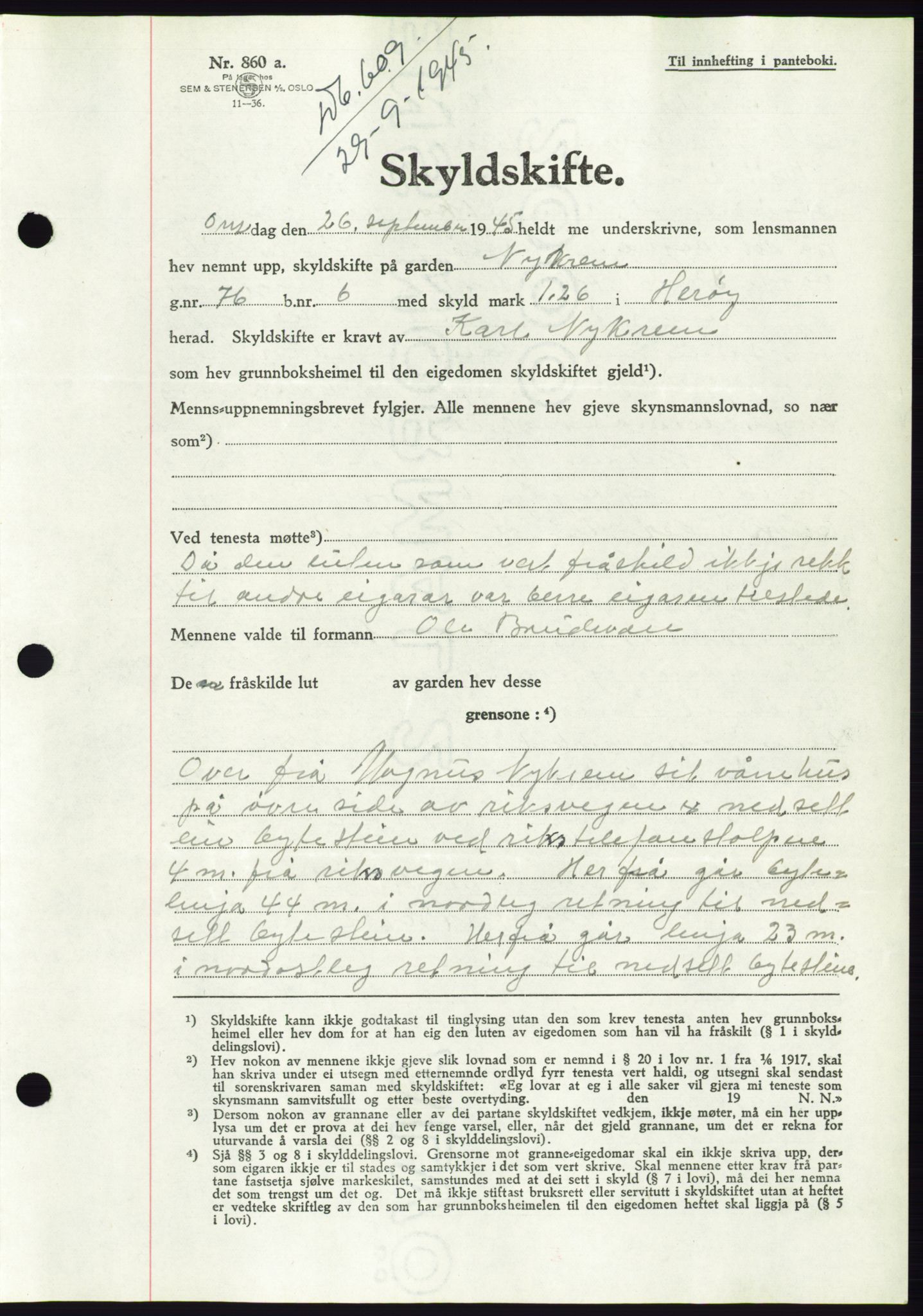 Søre Sunnmøre sorenskriveri, AV/SAT-A-4122/1/2/2C/L0077: Mortgage book no. 3A, 1945-1946, Diary no: : 609/1945