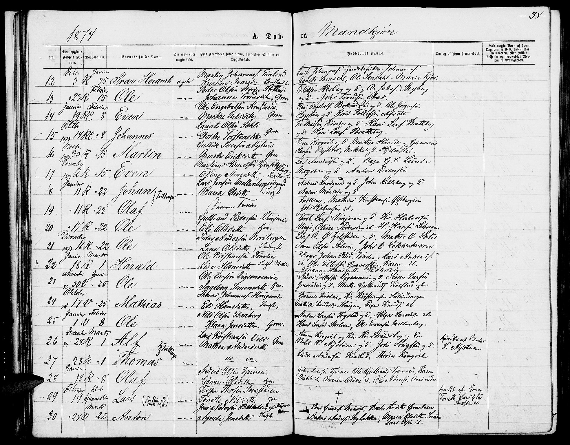 Ringsaker prestekontor, AV/SAH-PREST-014/L/La/L0008: Parish register (copy) no. 8, 1870-1878, p. 38