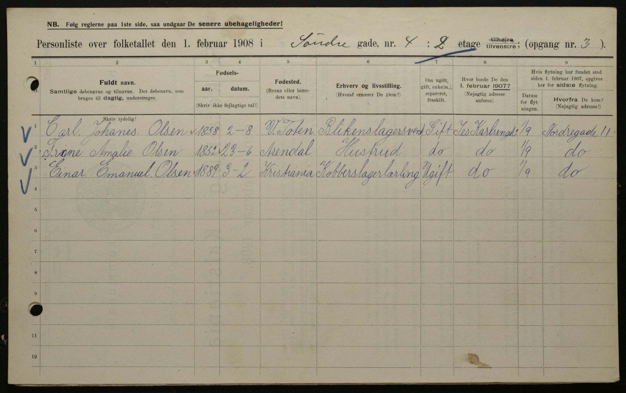 OBA, Municipal Census 1908 for Kristiania, 1908, p. 95570