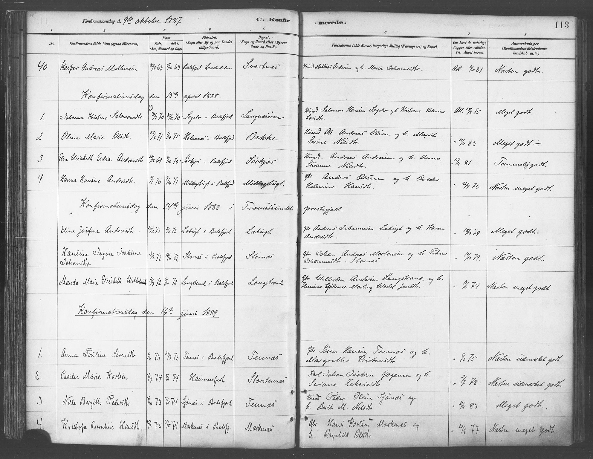 Balsfjord sokneprestembete, SATØ/S-1303/G/Ga/L0005kirke: Parish register (official) no. 5, 1884-1897, p. 113