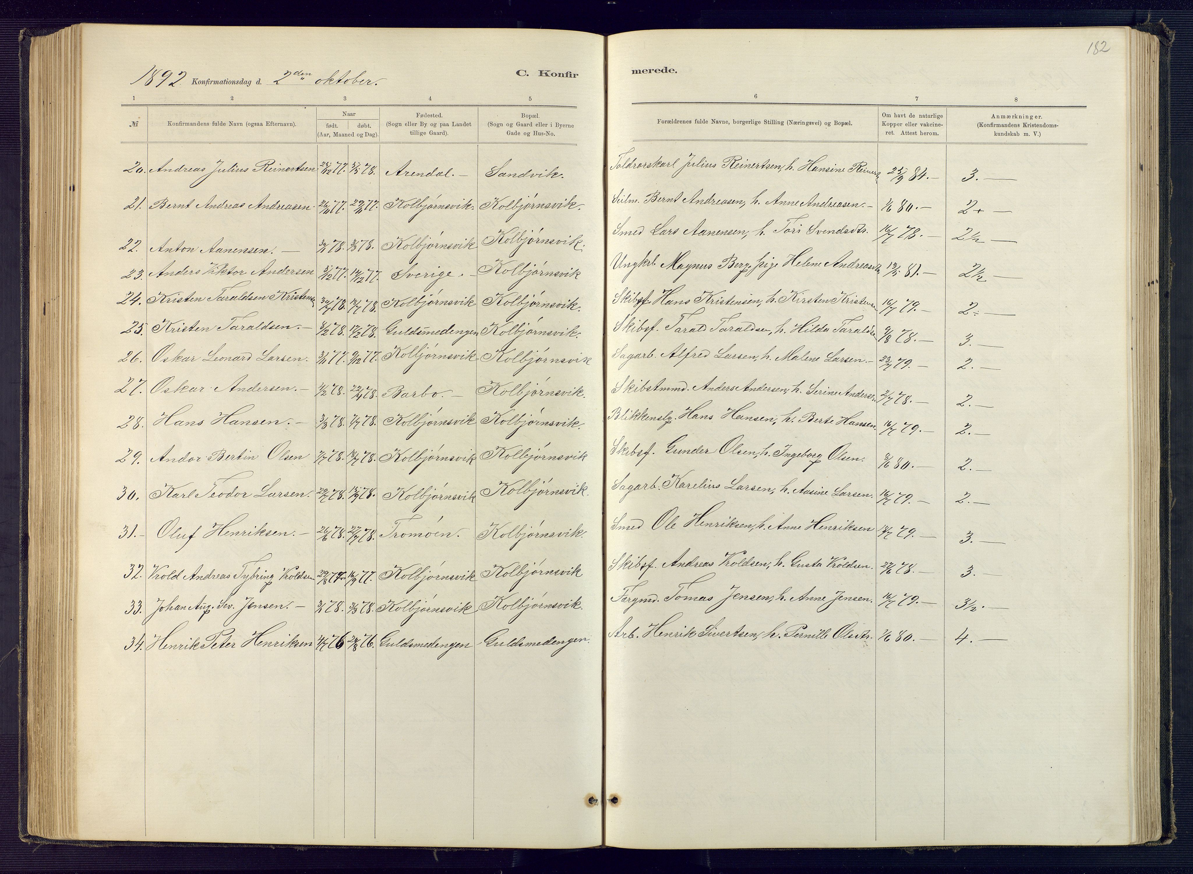 Hisøy sokneprestkontor, SAK/1111-0020/F/Fb/L0003: Parish register (copy) no. B 3, 1885-1905, p. 182