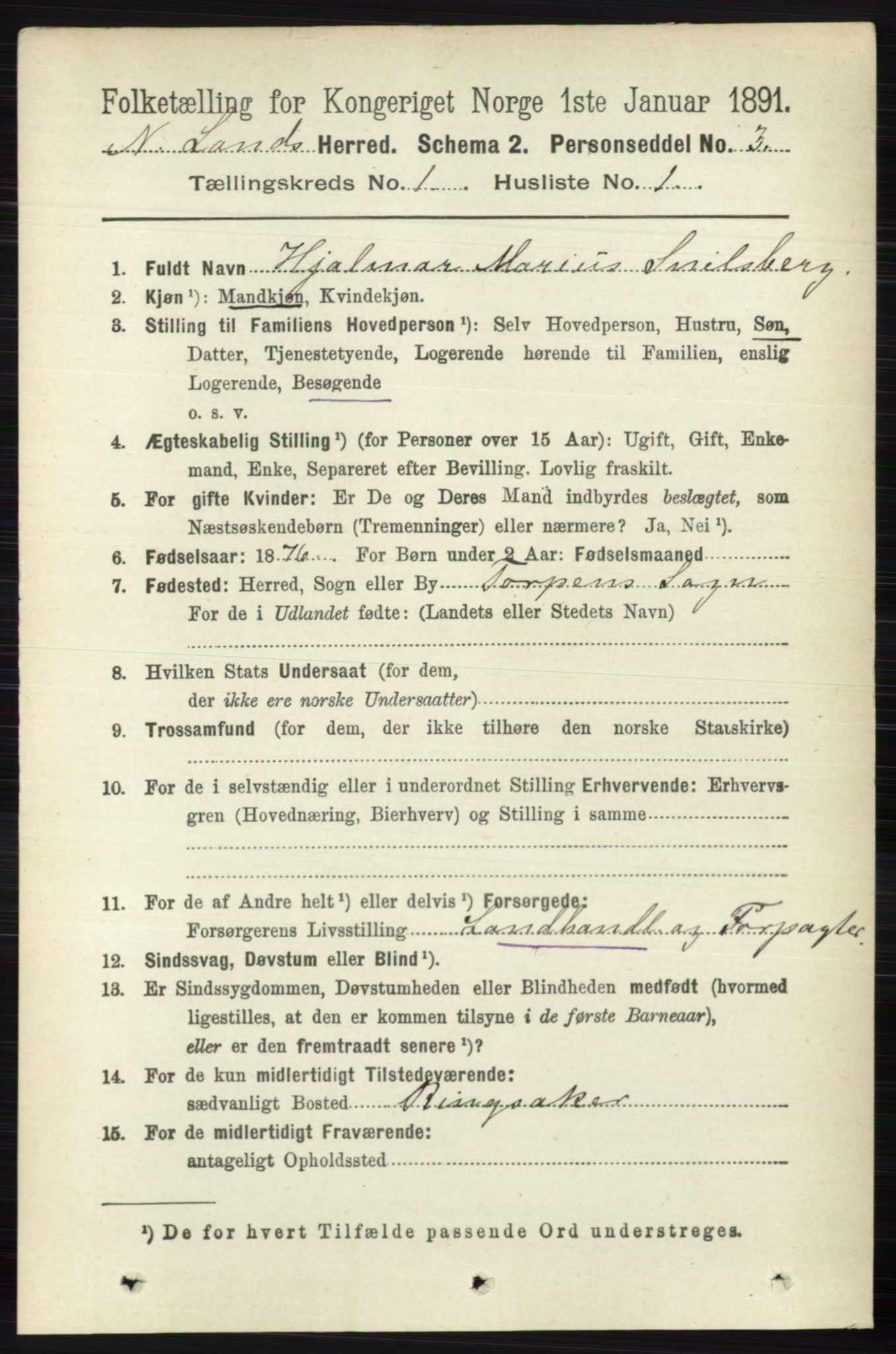 RA, 1891 census for 0538 Nordre Land, 1891, p. 122