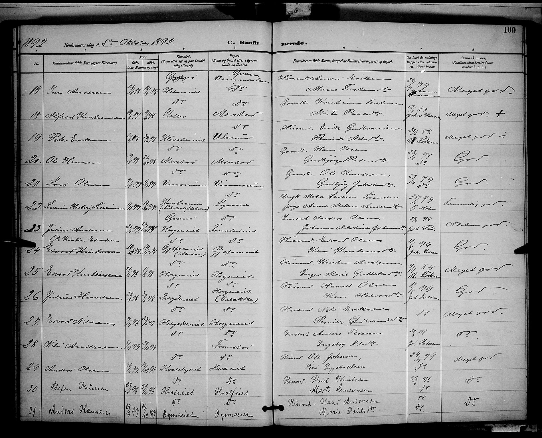 Gran prestekontor, AV/SAH-PREST-112/H/Ha/Hab/L0005: Parish register (copy) no. 5, 1892-1900, p. 109