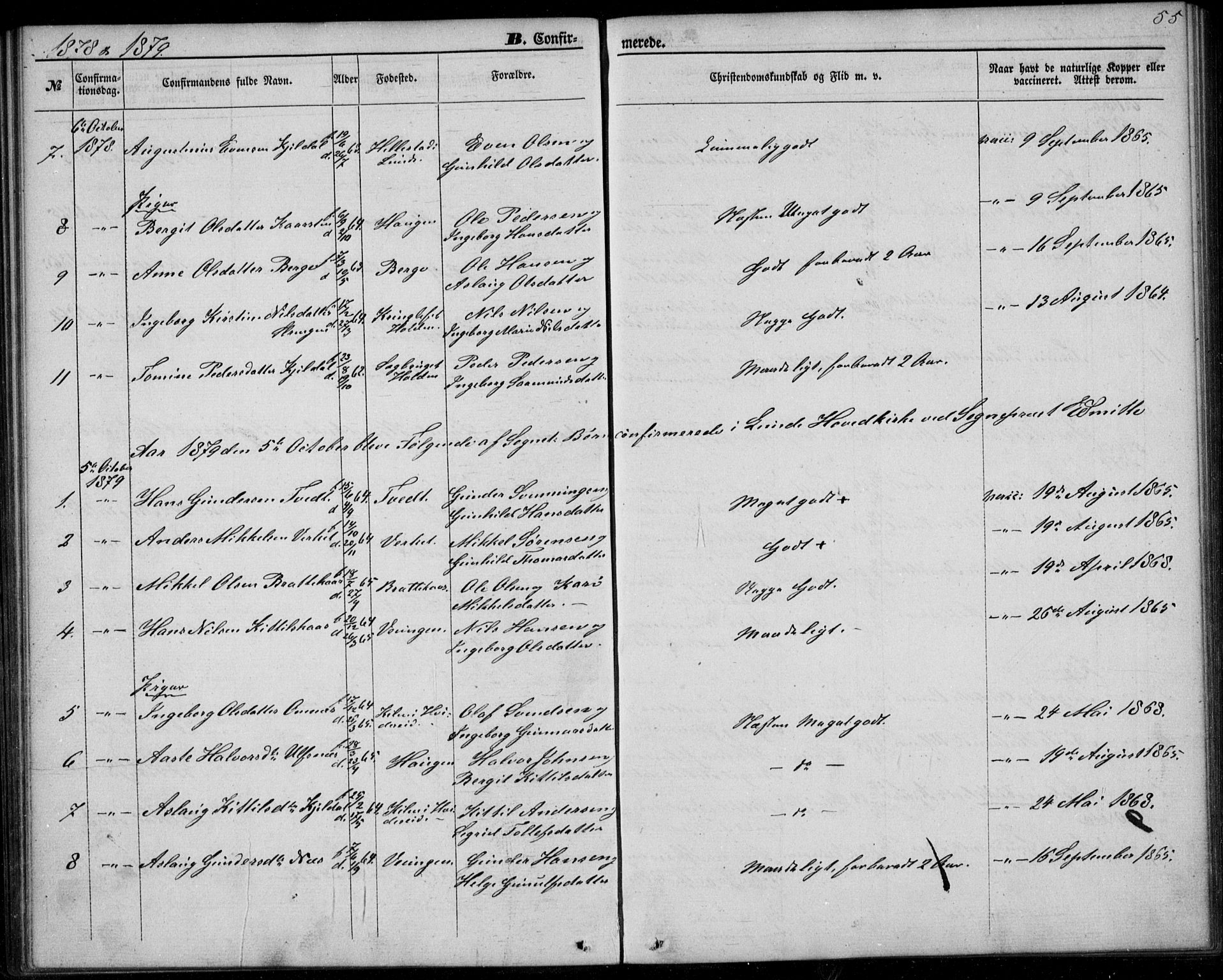 Lunde kirkebøker, SAKO/A-282/F/Fb/L0002: Parish register (official) no. II 2, 1861-1881, p. 55
