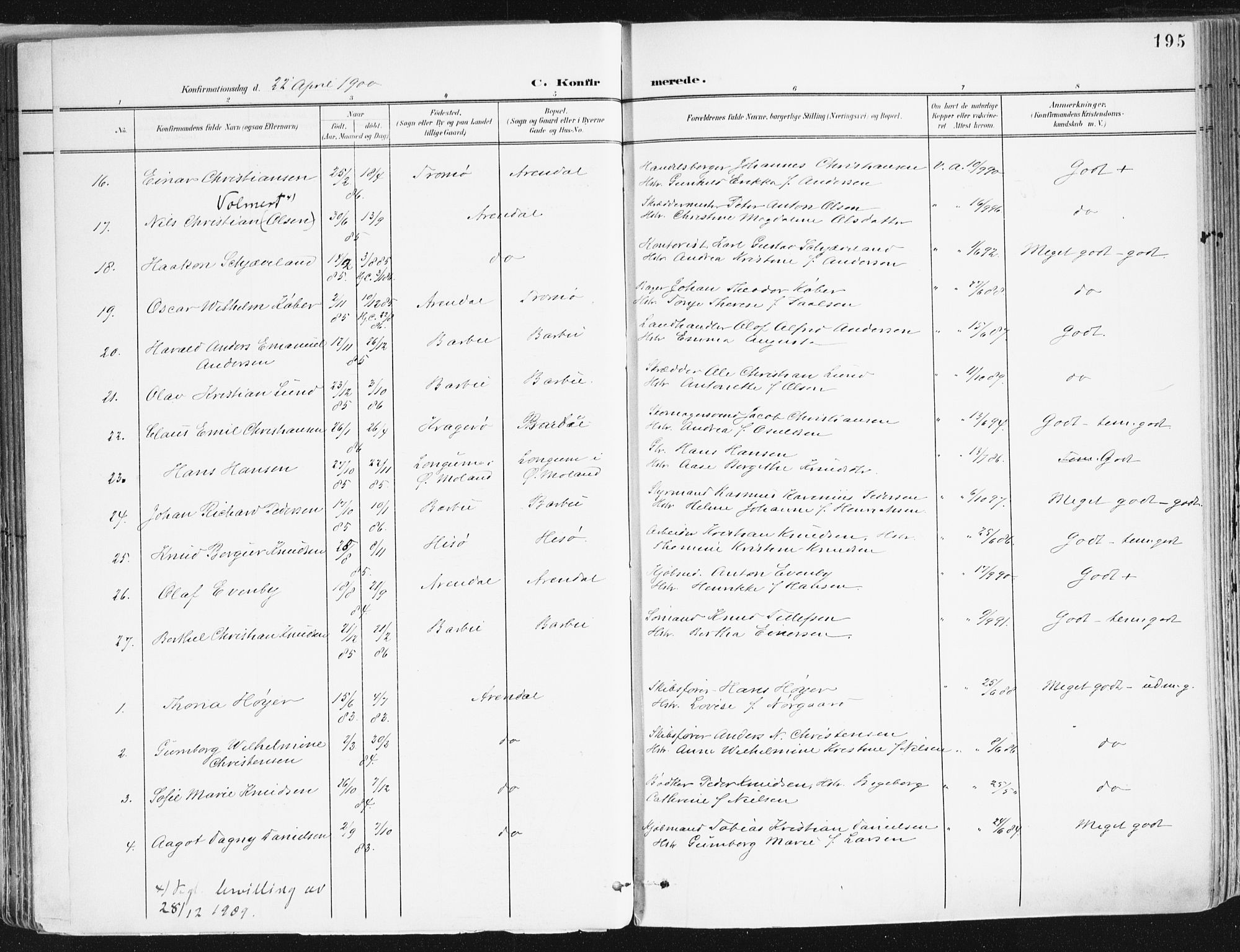 Arendal sokneprestkontor, Trefoldighet, SAK/1111-0040/F/Fa/L0010: Parish register (official) no. A 10, 1900-1919, p. 195