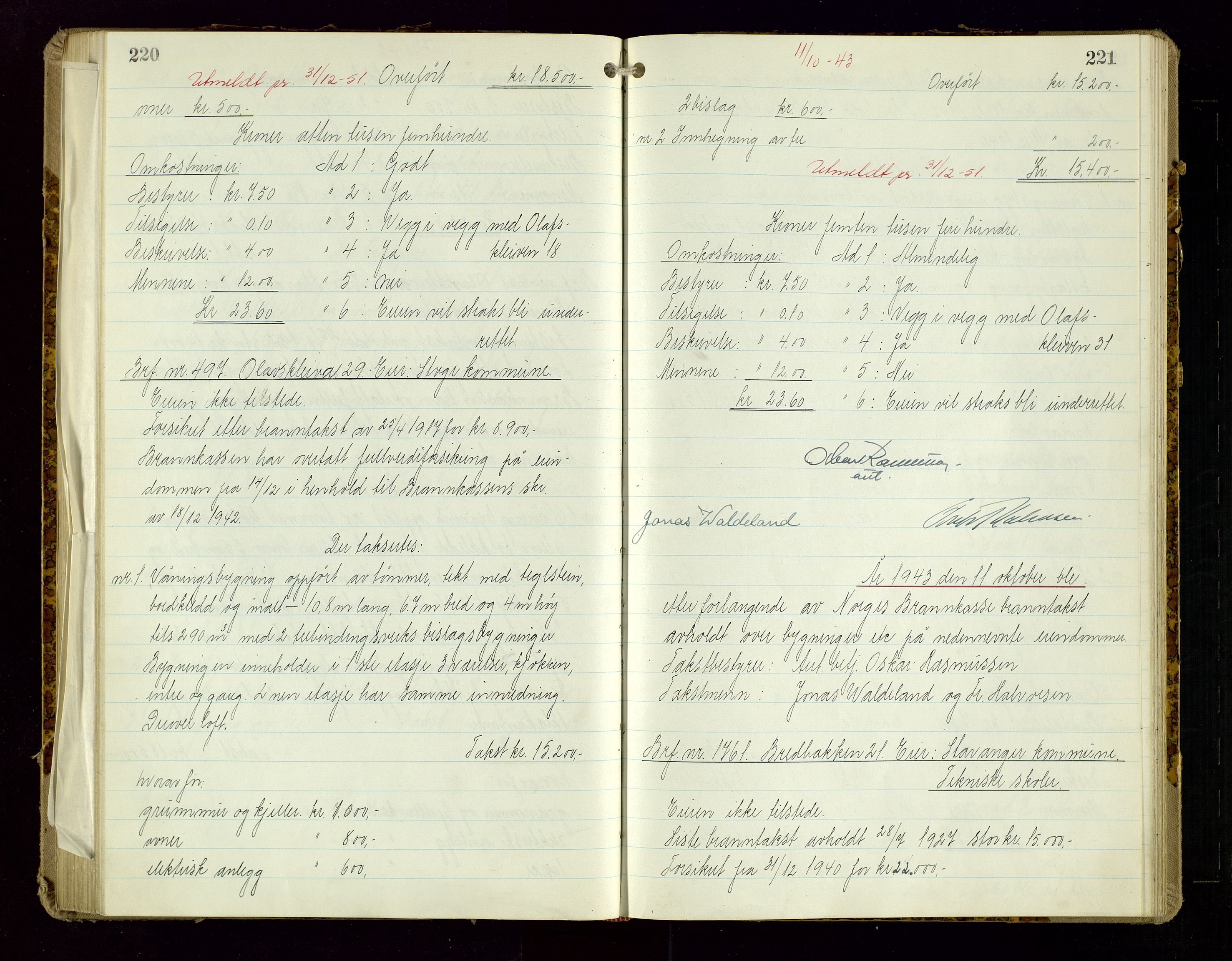 Norges Brannkasse Stavanger, AV/SAST-A-102143/F/Fd/L0029: Branntaksprotokoll nr. 40, 1943-1944, p. 220-221