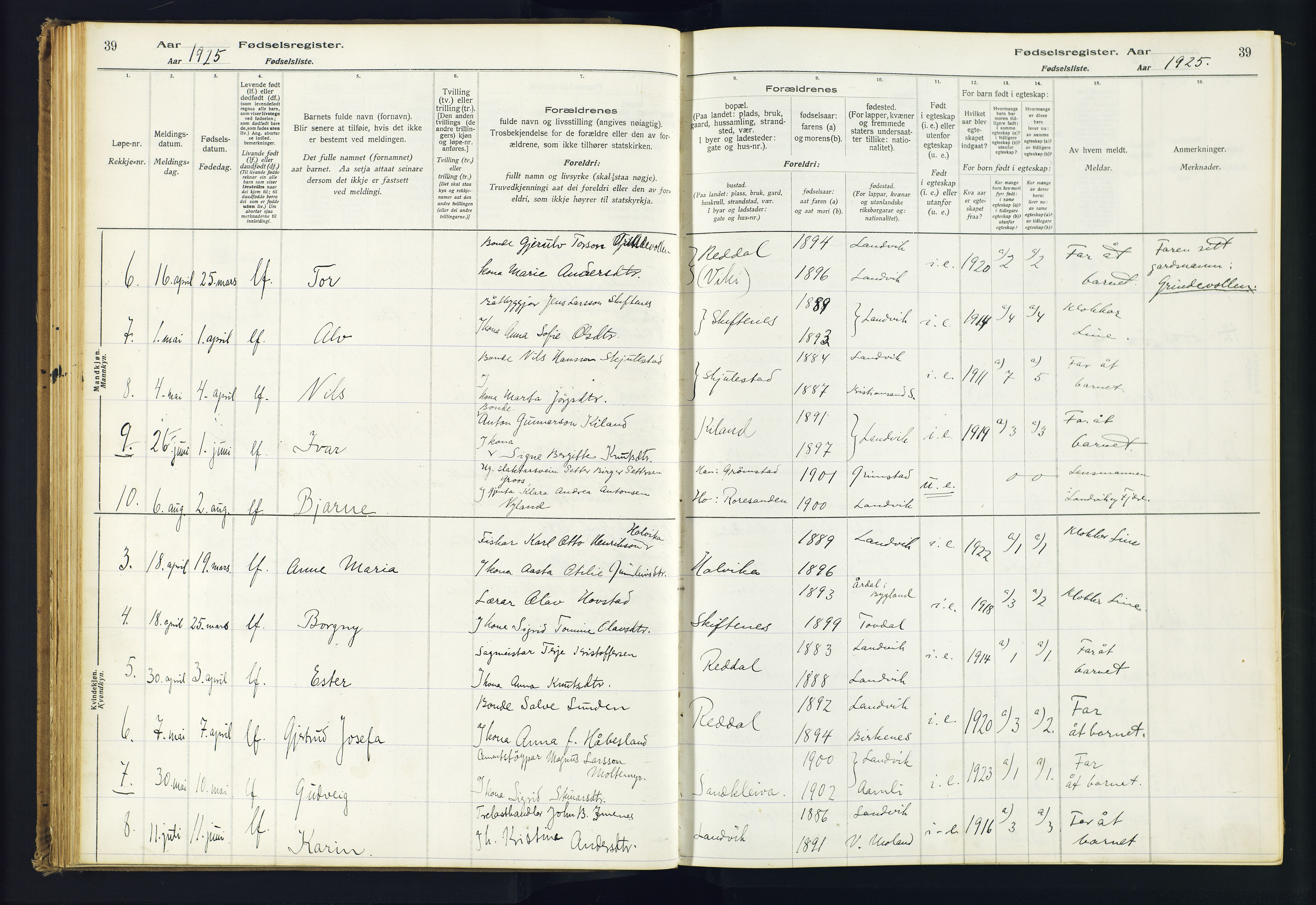 Hommedal sokneprestkontor, AV/SAK-1111-0023/J/Jd/L0001: Birth register no. 1, 1916-1962, p. 39